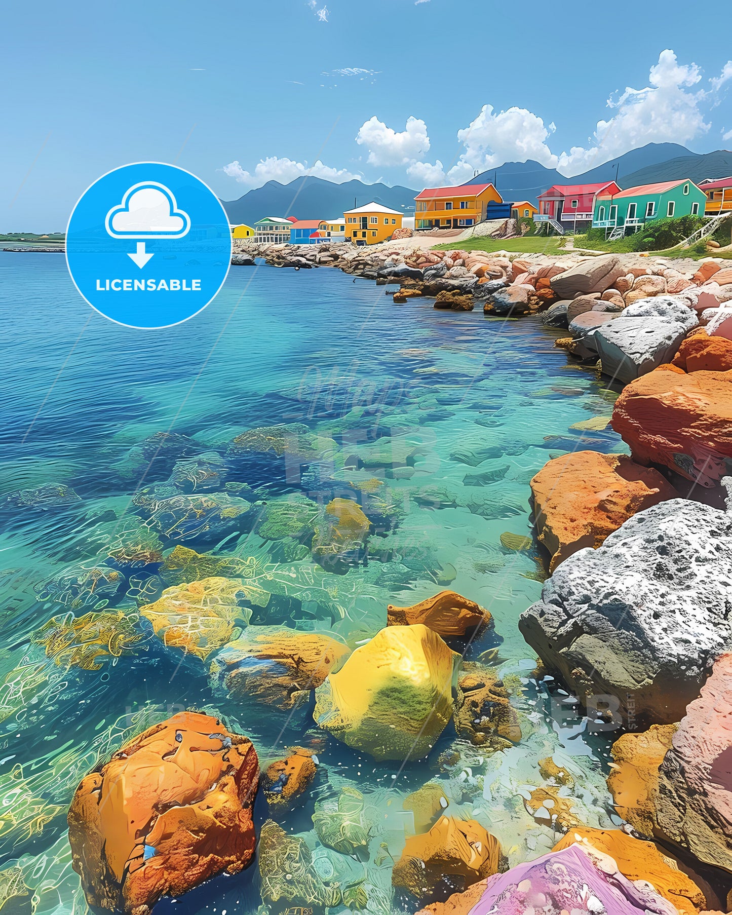 Colorful Houses on Rocky Caribbean Shore | Art Painting | Saint Kitts & Nevis, North America