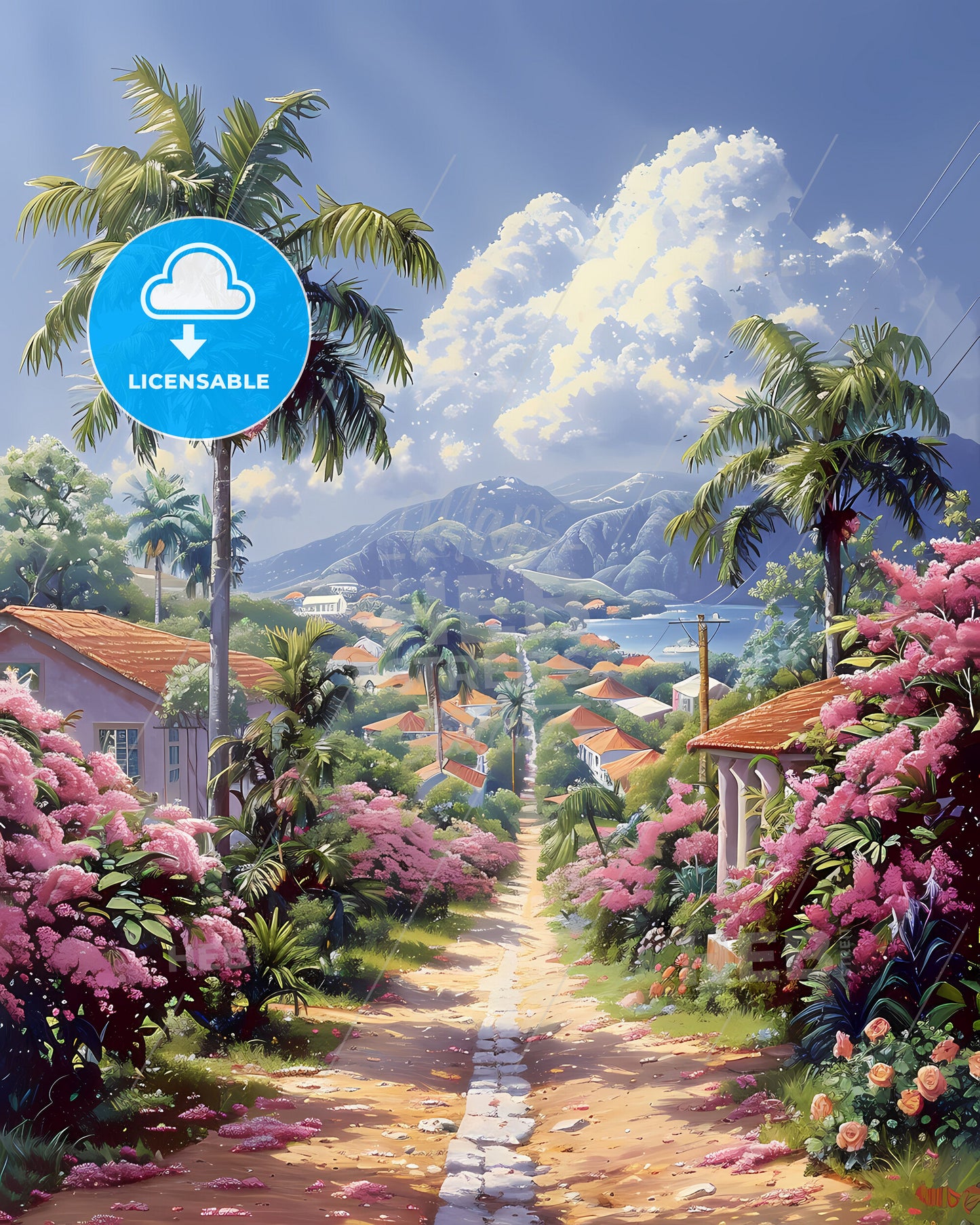 Vibrant Caribbean Roadside Scene with Palm Trees, Houses, North America