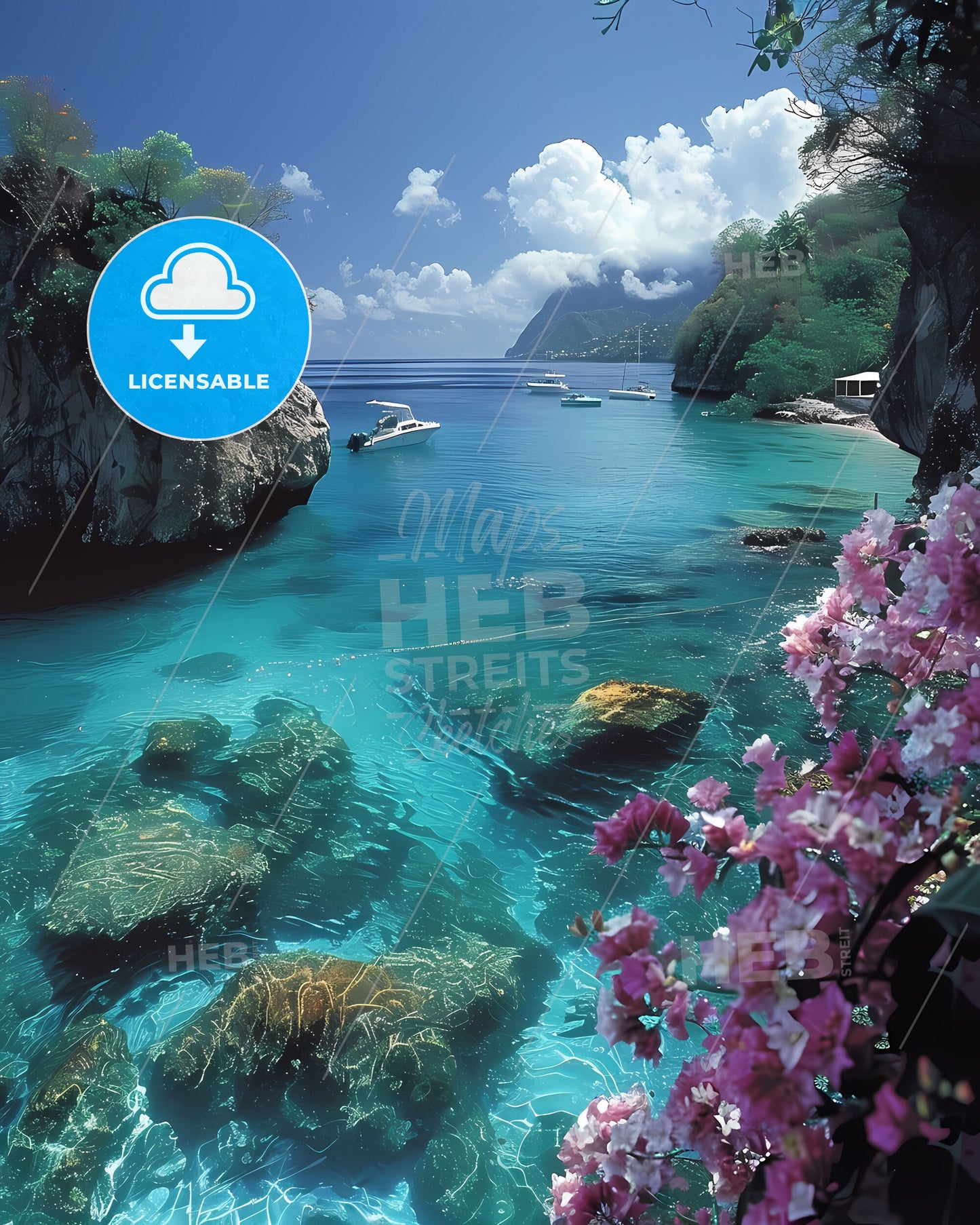 Vibrant Oil Painting of a Caribbean Seascape with Boats and Lush Trees in Saint Lucia