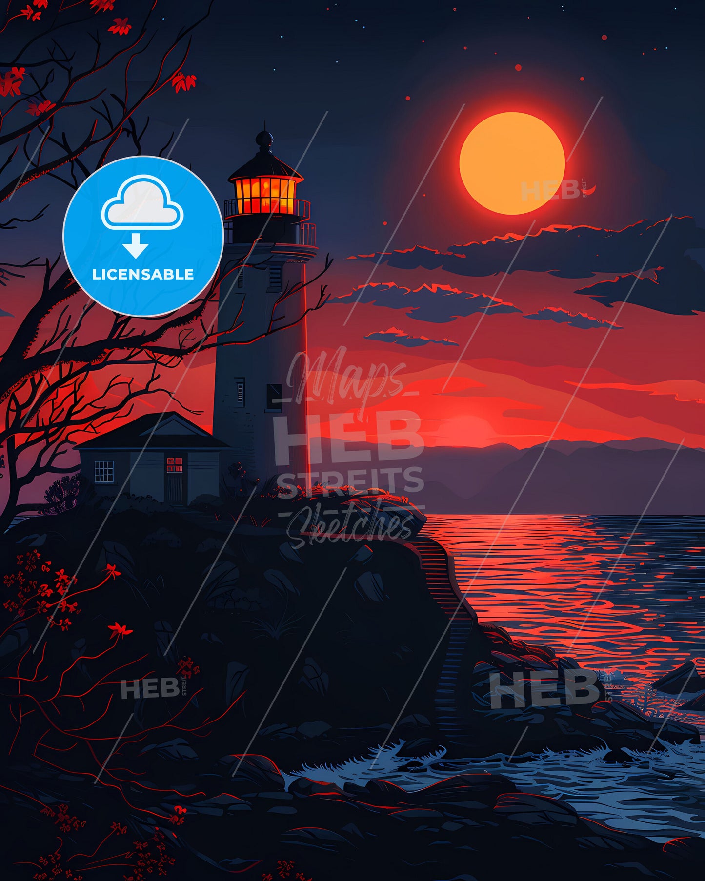 Lighthouse on Hilltop, Saint Lucia, Caribbean, Artwork, Vibrant Painting, Rocky Coast, House, Tree, Ocean, Blue Sky