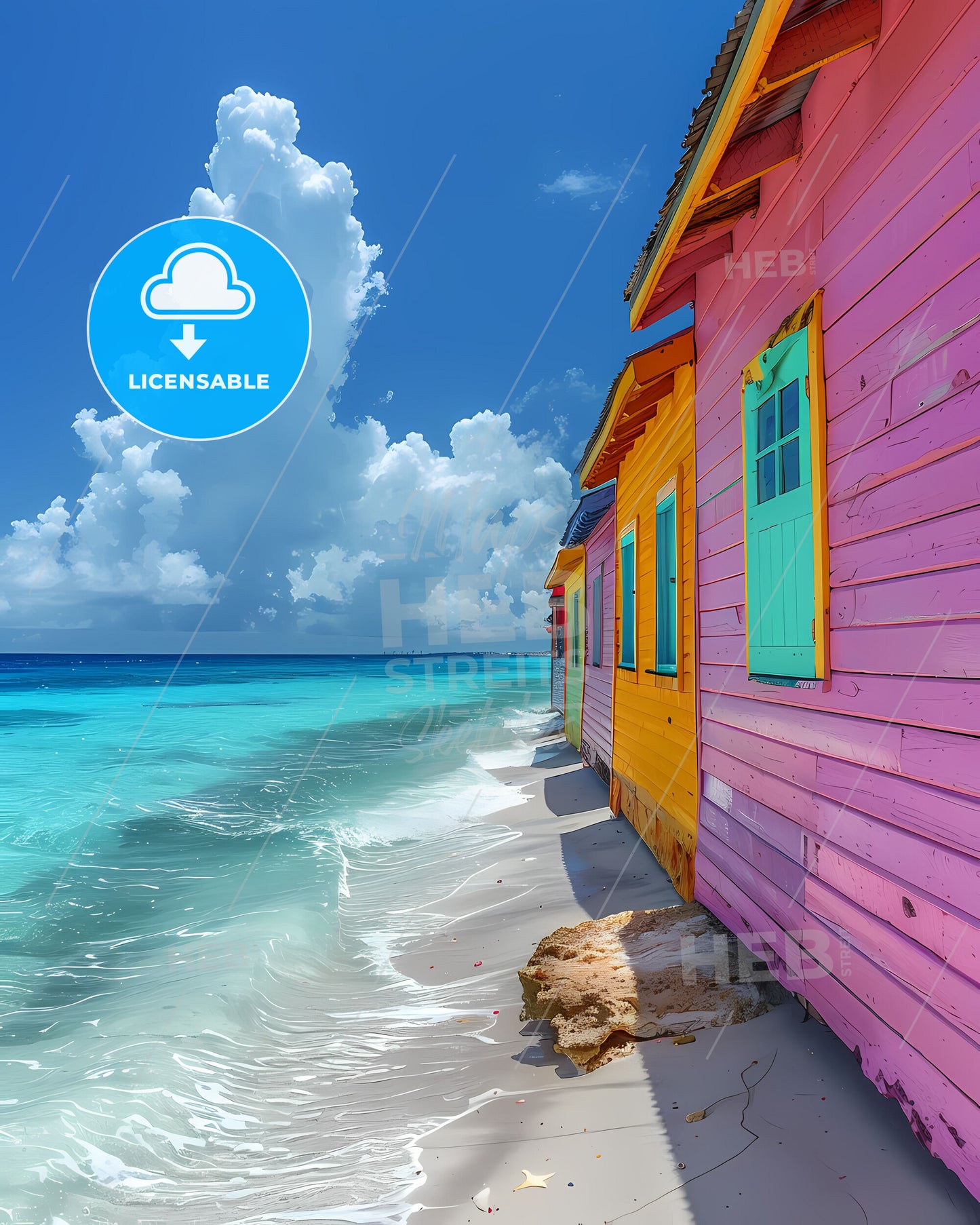 Vibrant Artwork Depicting Colorful Beachfront Buildings in Saint Martin, North America