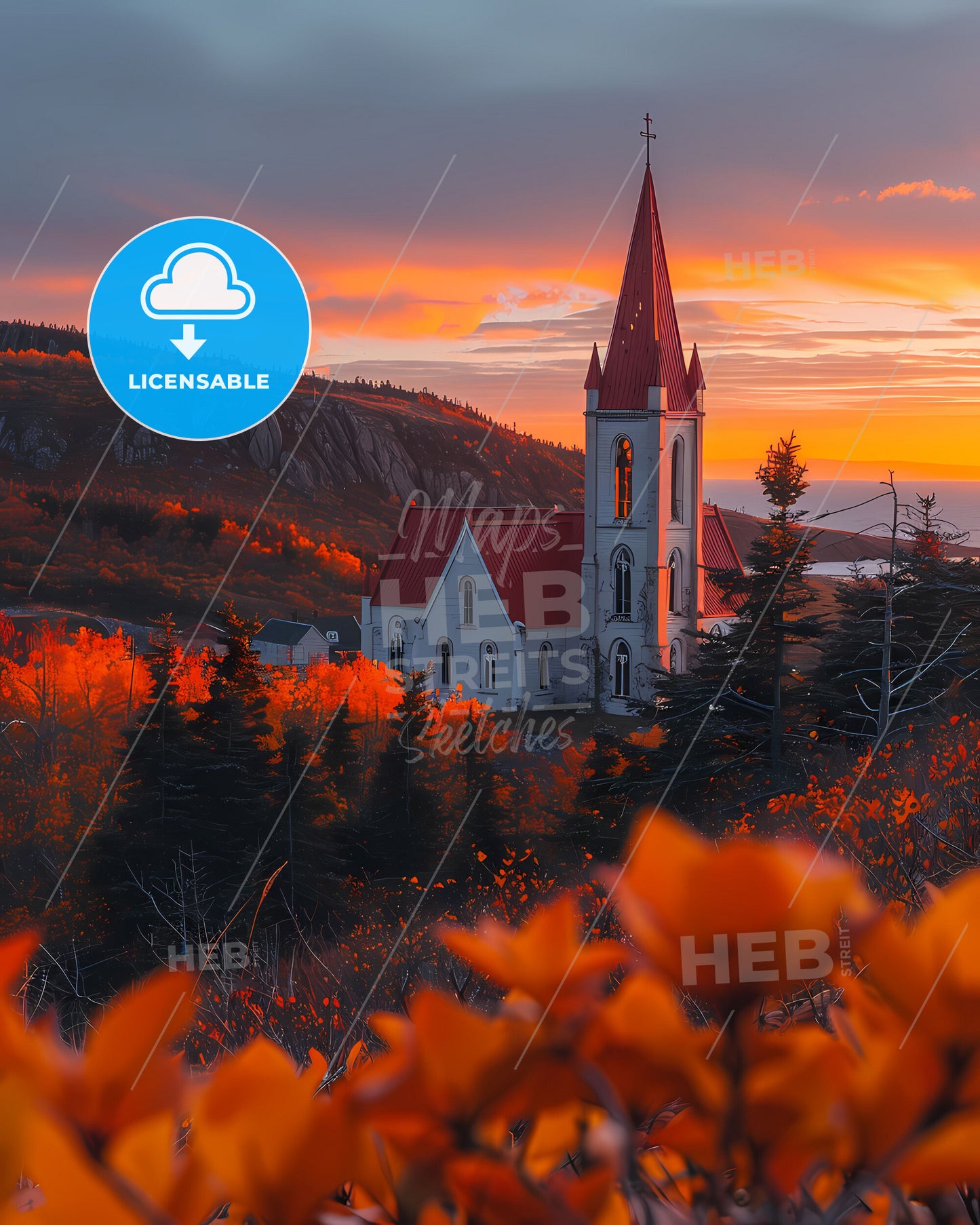 Saint Pierre and Miquelon Church Painting, Steeple, Forest, Traditional, Religious, Vibrant Art, North America