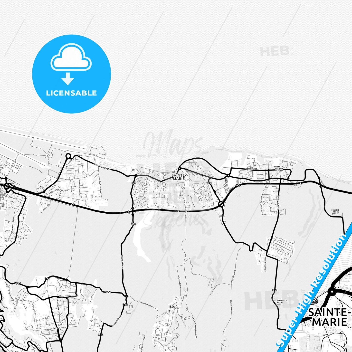 Sainte-Marie, France Light Map with Street Names, City Names, and Districts