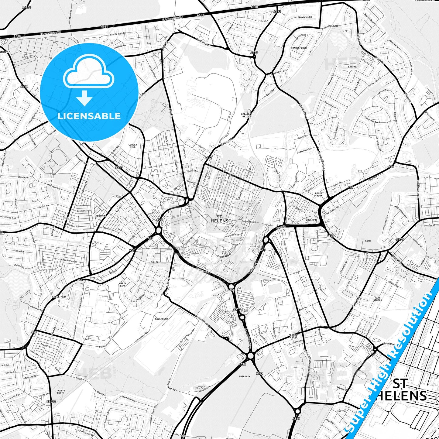 Saint Helens, England Light Map with Street Names, City Names, and Districts