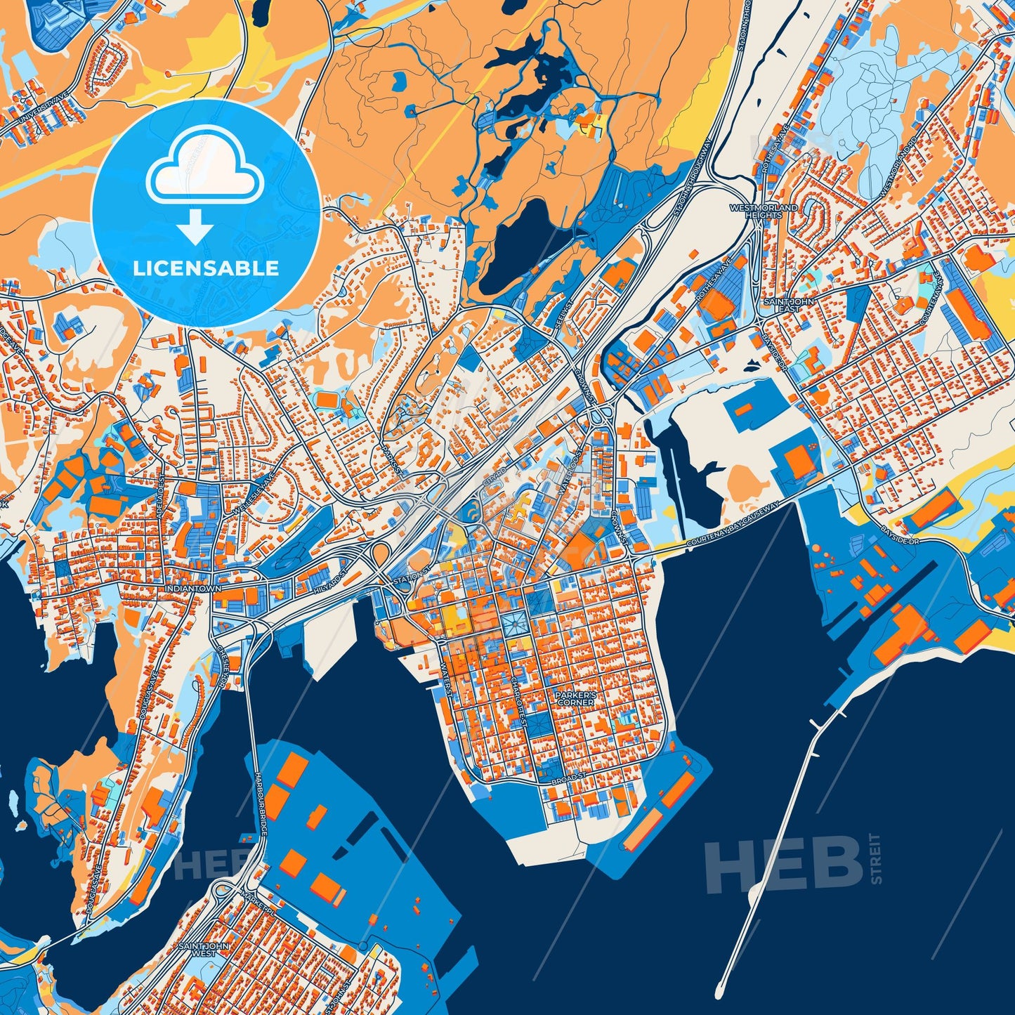 Colorful Saint John Street Map with Labels and Buildings