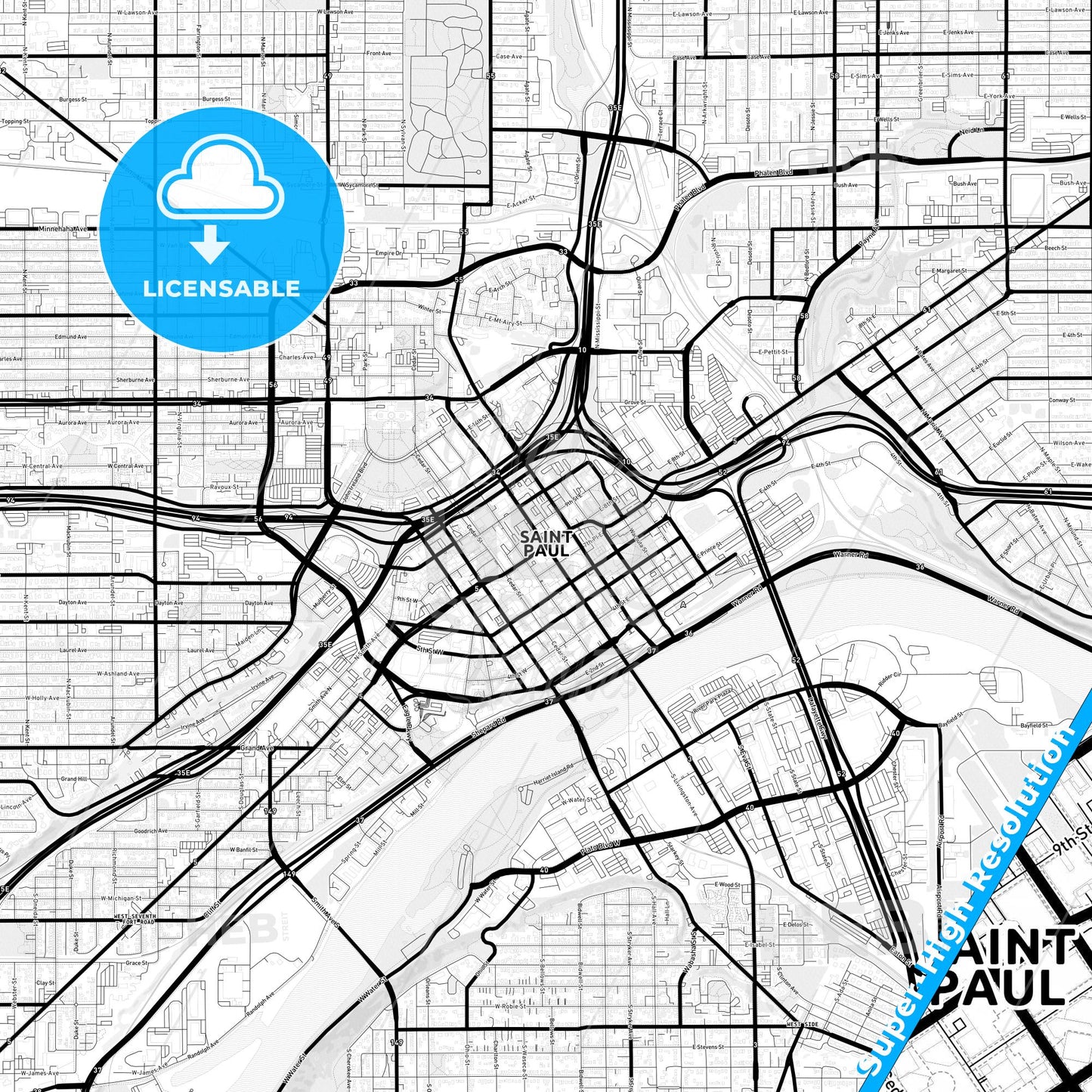Saint Paul, Minnesota Light Map with Street Names, City Names, and Districts