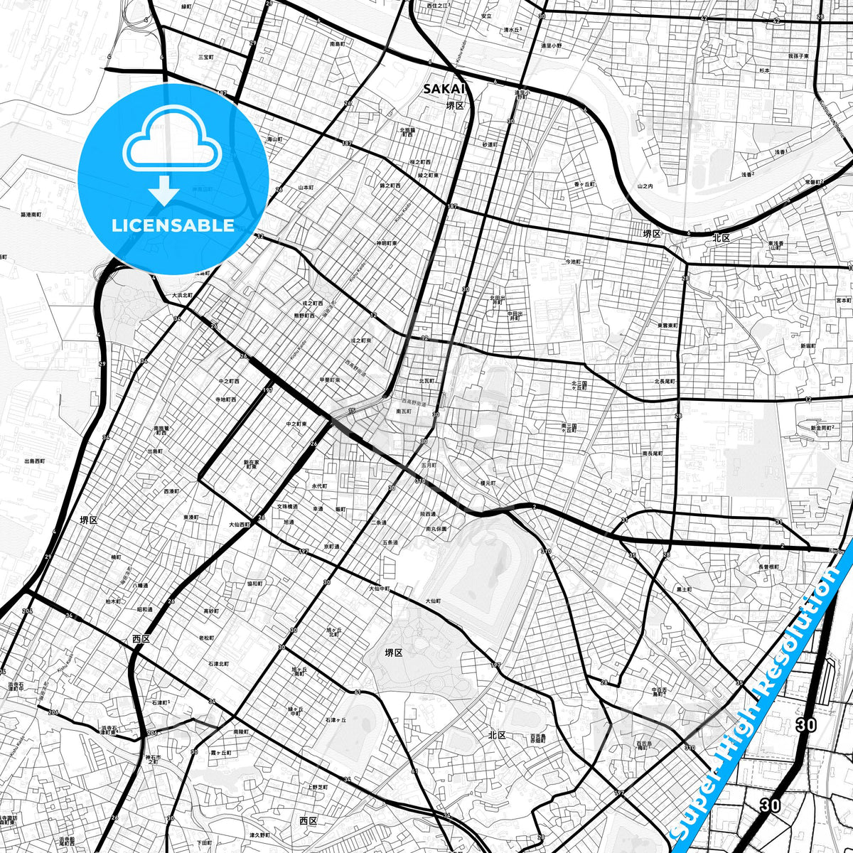 Sakai, Japan Light Map with Street Names, City Names, and Districts