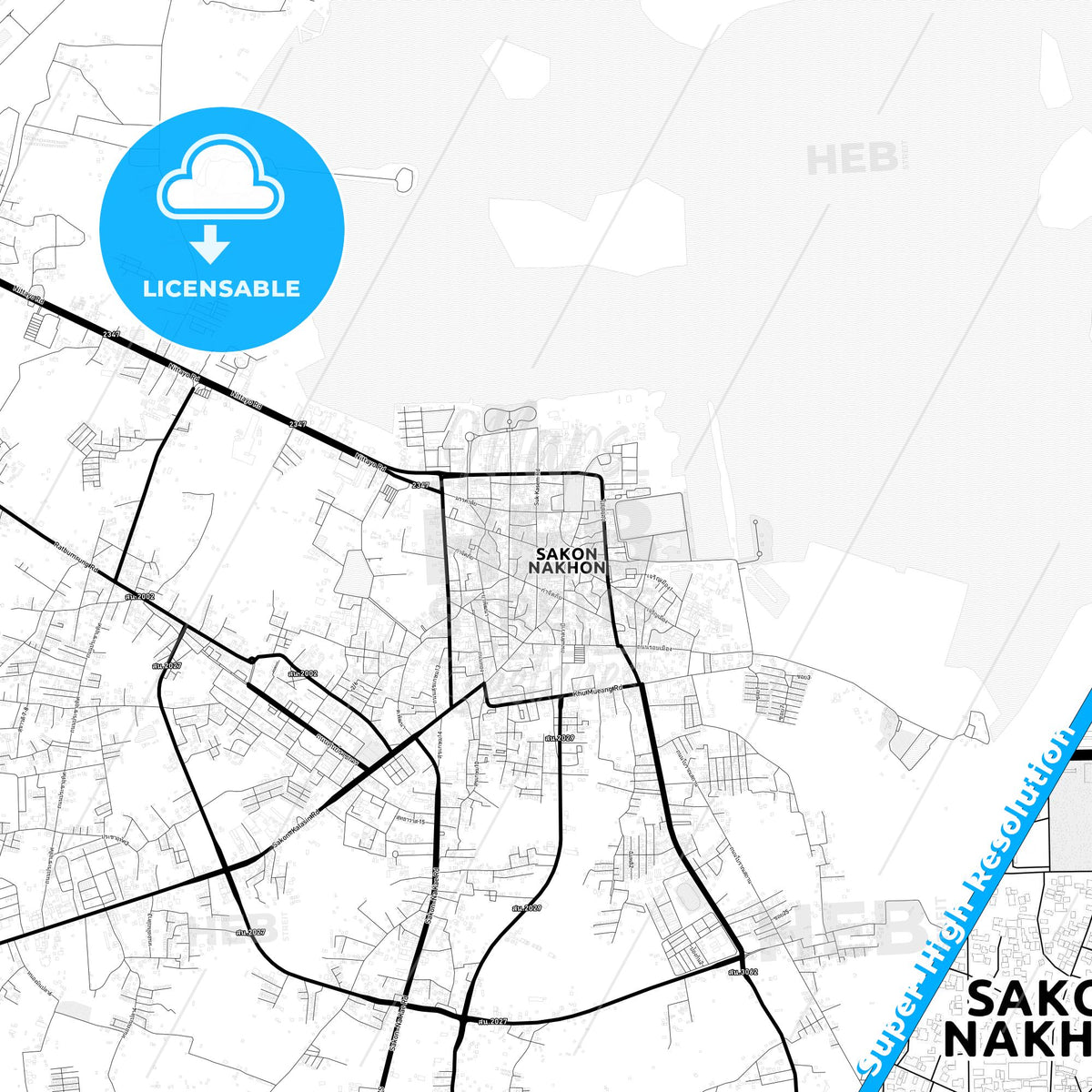 Sakon Nakhon, Thailand Light Map with Street Names, City Names, and Districts