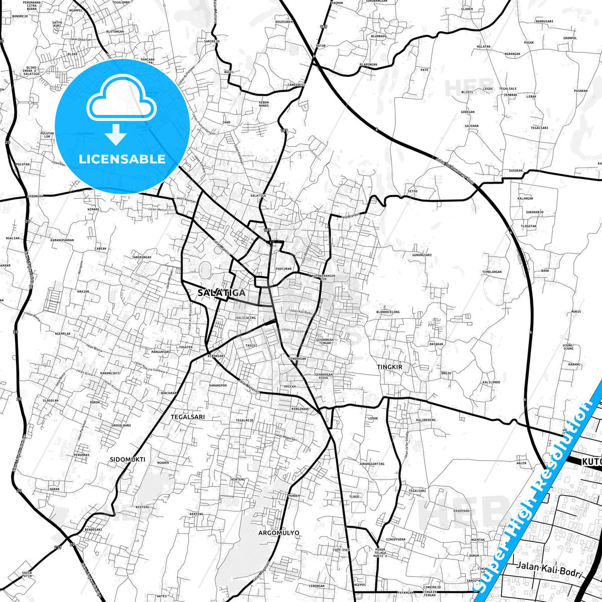 Salatiga, Indonesia Light Map with Street Names, City Names, and Districts