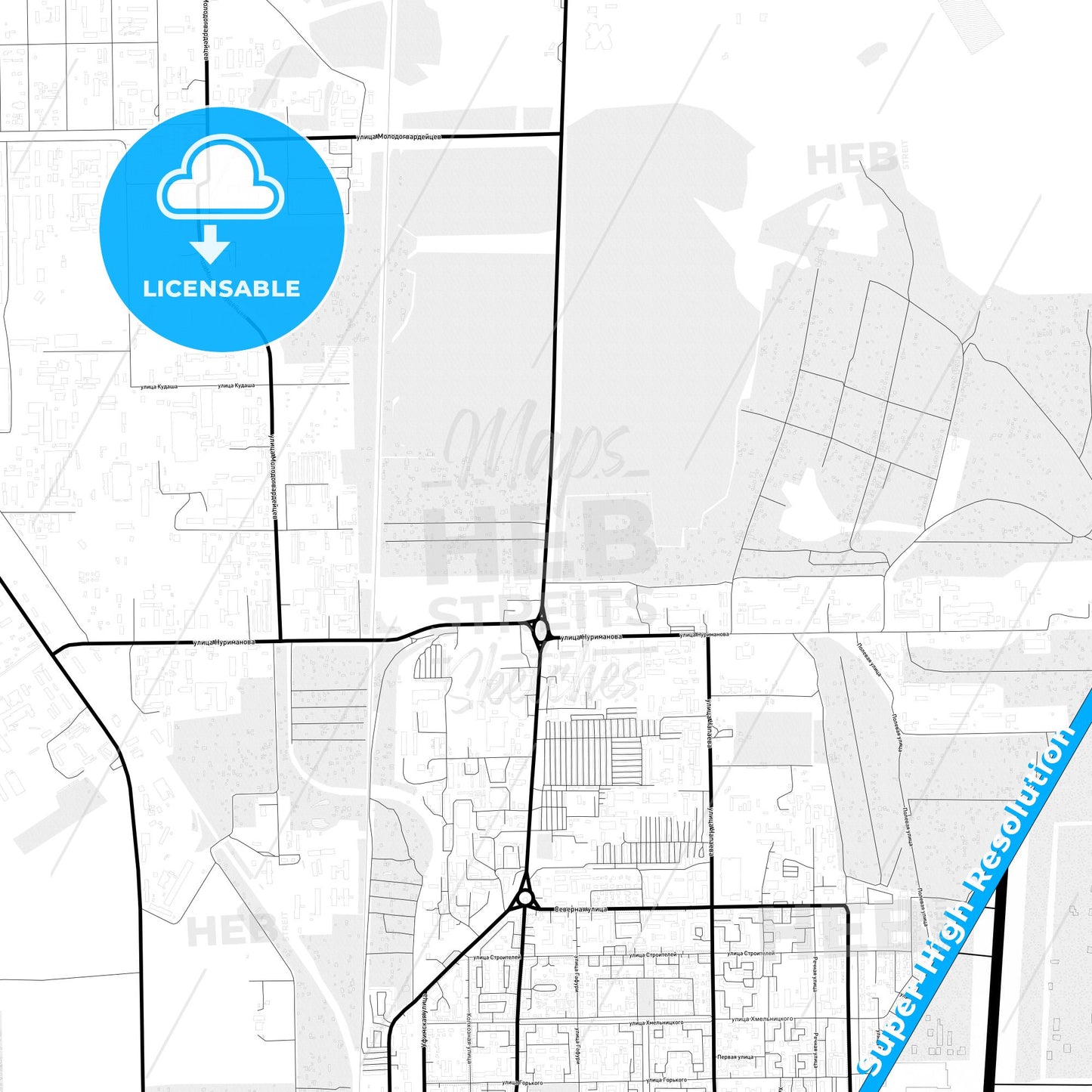 Salavat, Russia Light Map with Street Names, City Names, and Districts