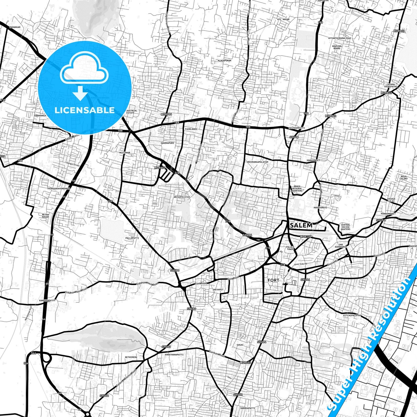 Salem, India Light Map with Street Names, City Names, and Districts