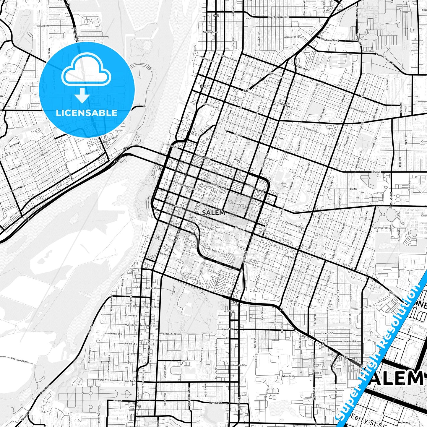 Salem, Oregon Light Map with Street Names, City Names, and Districts