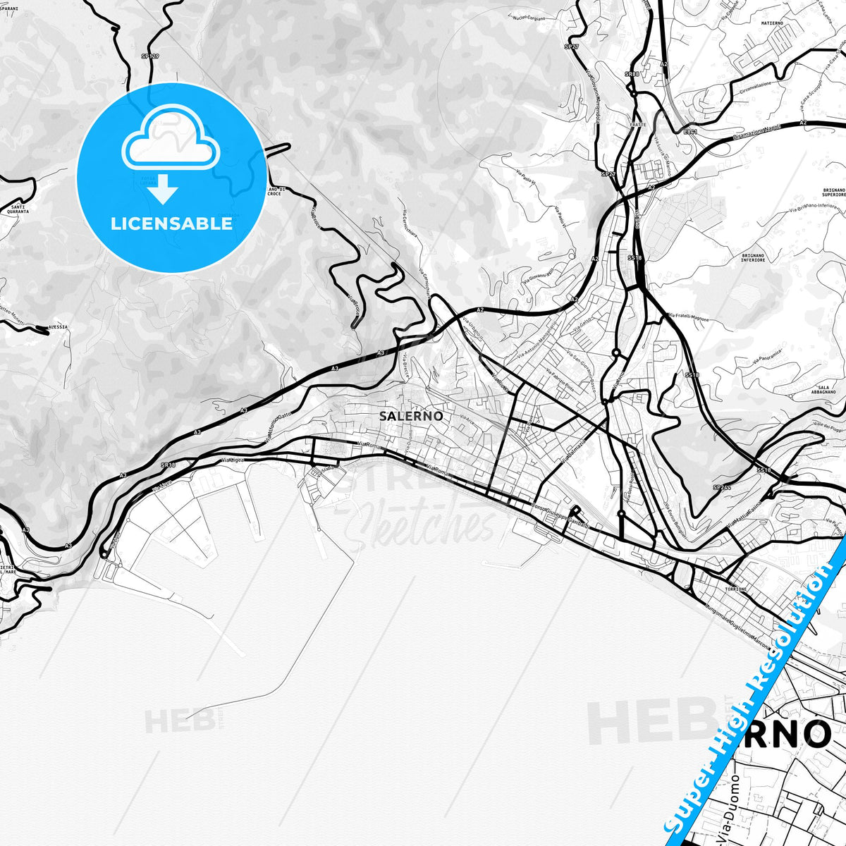 Salerno, Italy Light Map with Street Names, City Names, and Districts