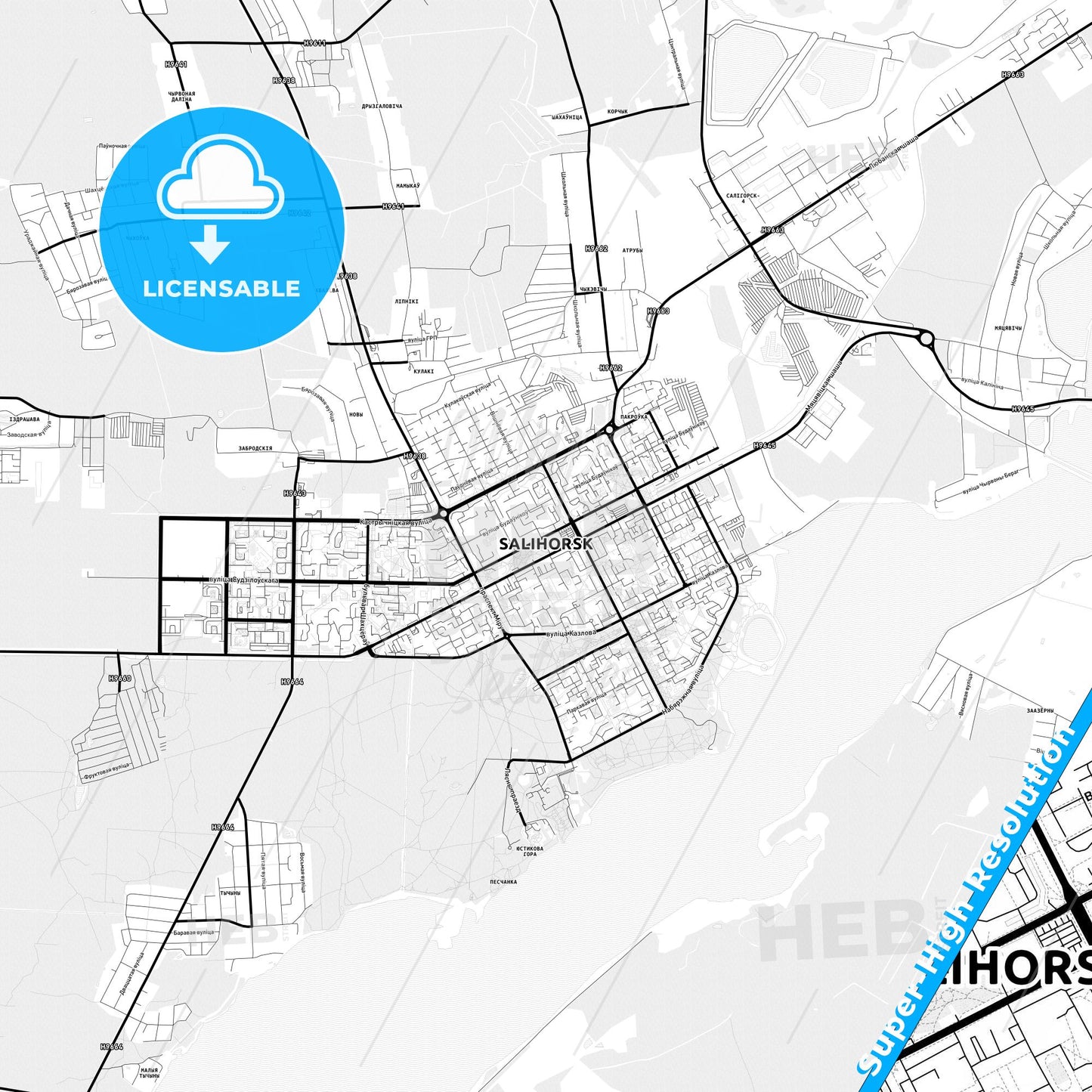 Salihorsk, Belarus Light Map with Street Names, City Names, and Districts