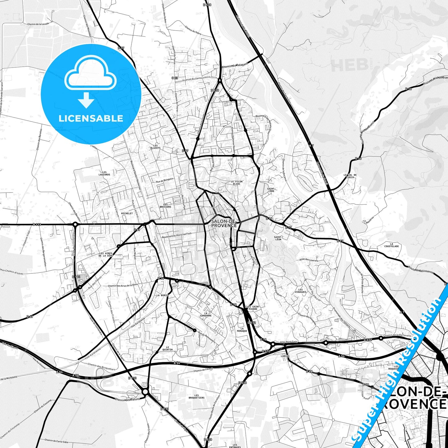 Salon-de-Provence, France Light Map with Street Names, City Names, and Districts