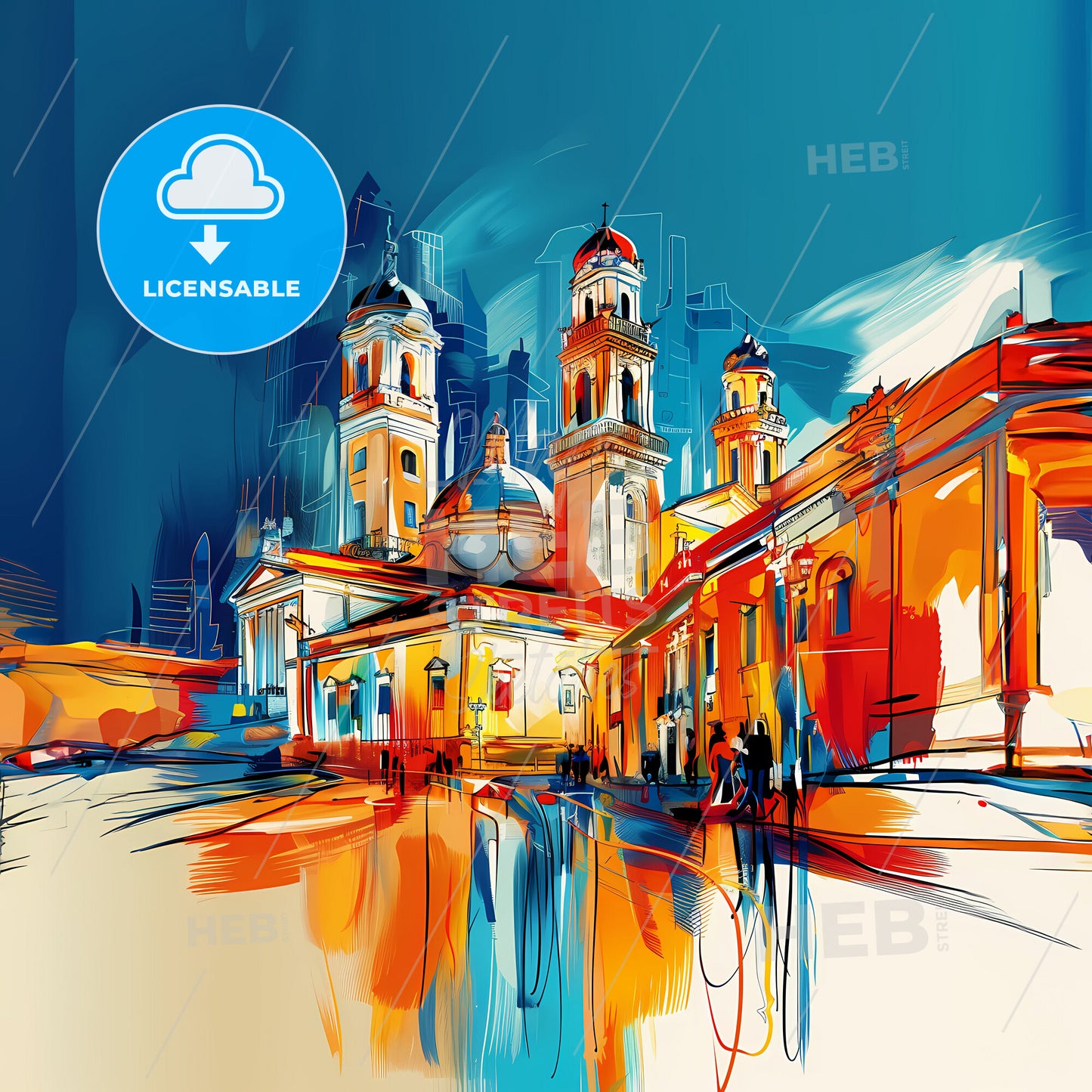 Vibrant Saltillo, Mexico - A Painting Of A Building With Towers And A Street In The Background
