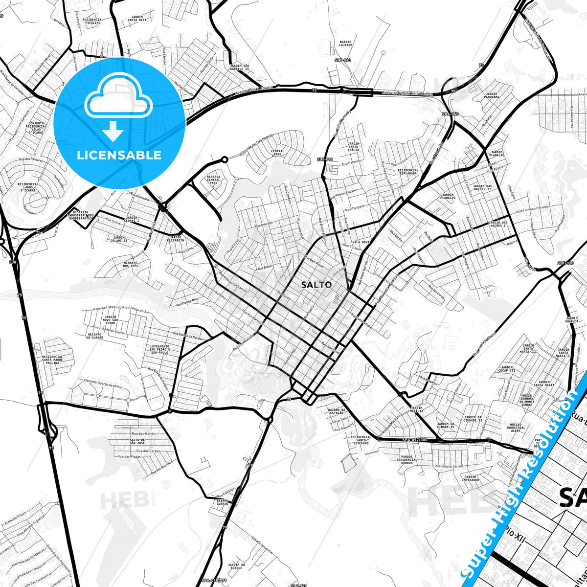 Salto, Brazil Light Map with Street Names, City Names, and Districts