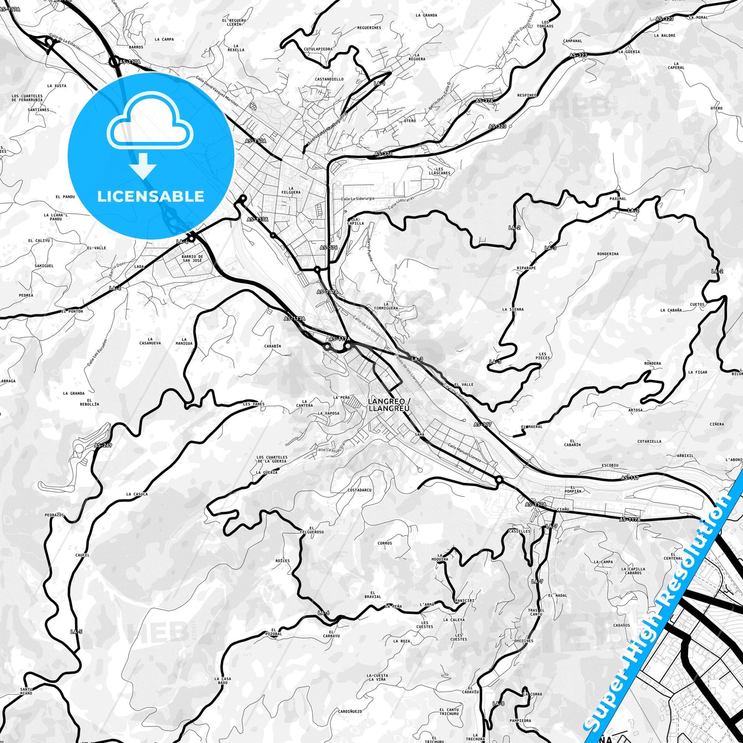 Sama, Spain Light Map with Street Names, City Names, and Districts