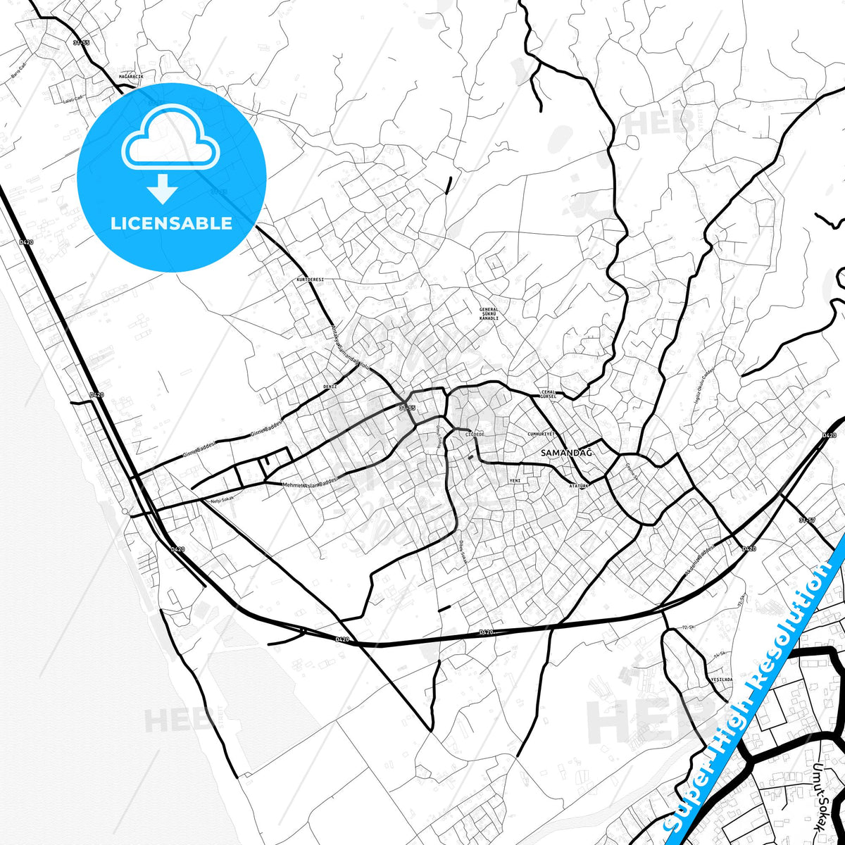 Samandağ, Turkey Light Map with Street Names, City Names, and Districts