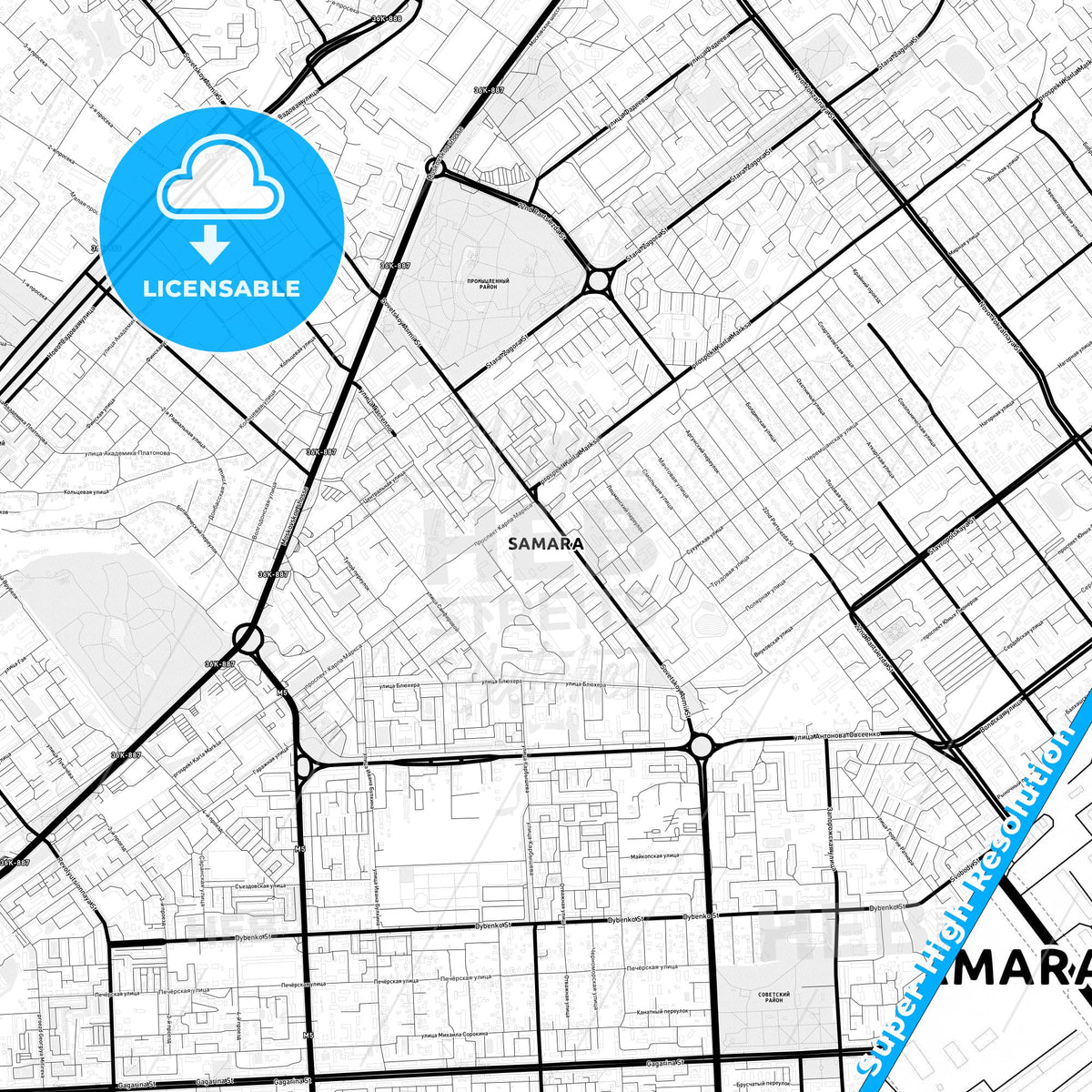 Samara, Russia Light Map with Street Names, City Names, and Districts