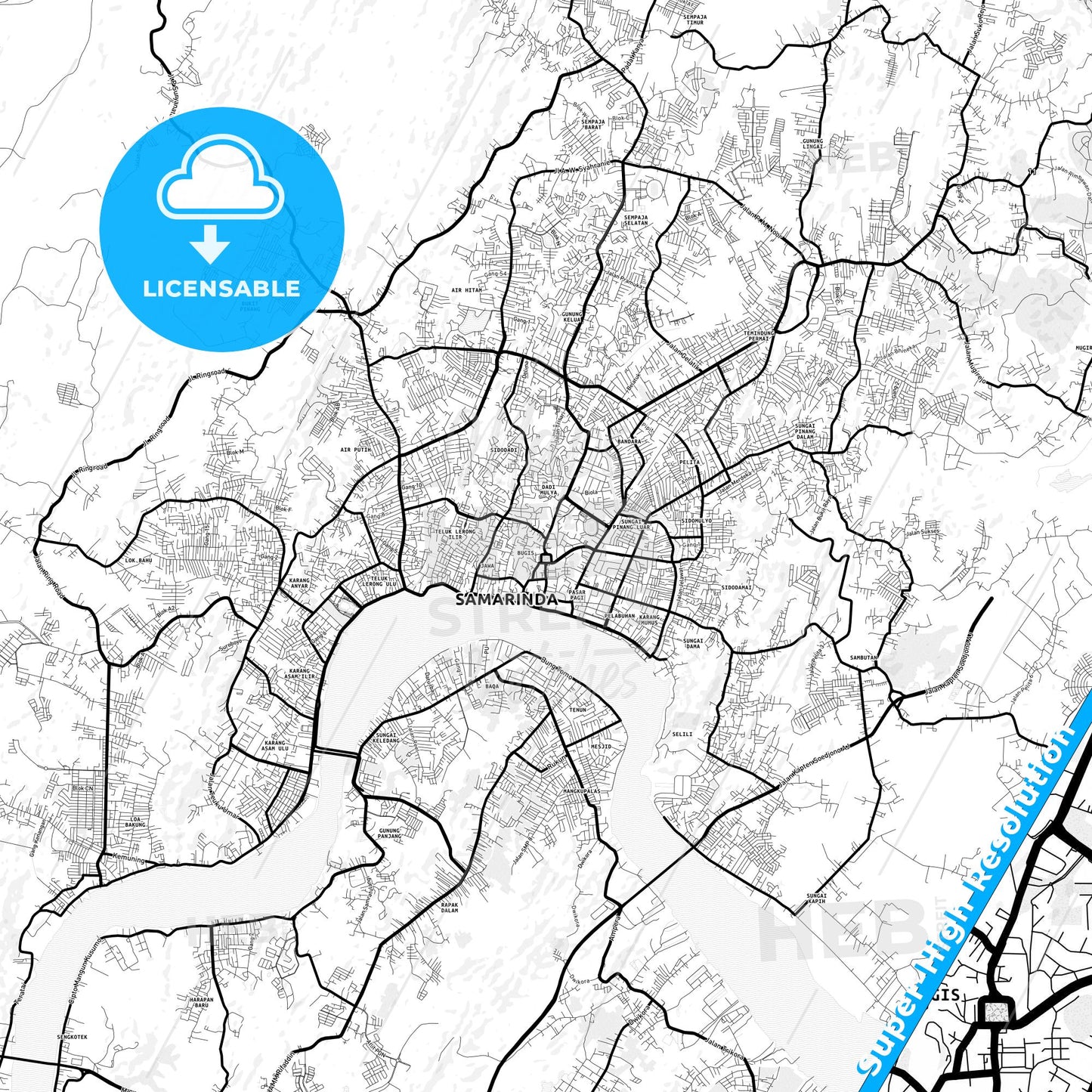 Samarinda, Indonesia Light Map with Street Names, City Names, and Districts