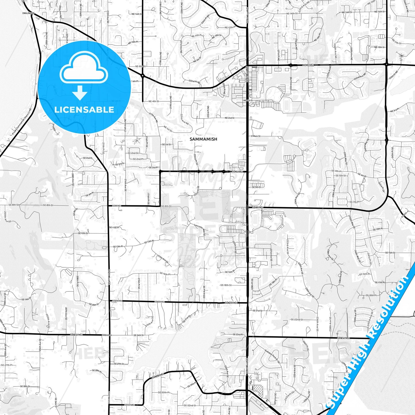 Sammamish, Washington Light Map with Street Names, City Names, and Districts