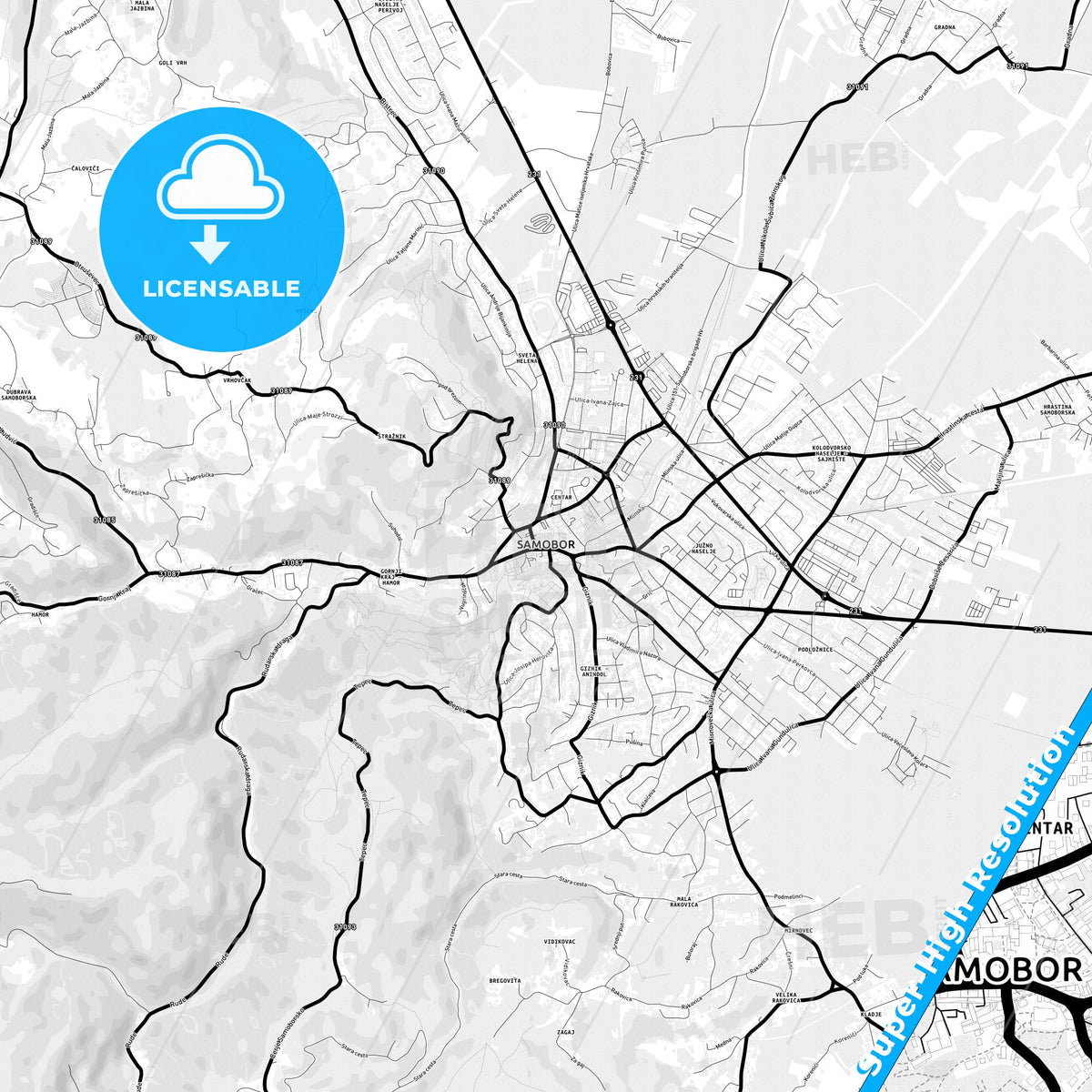 Samobor, Croatia Light Map with Street Names, City Names, and Districts