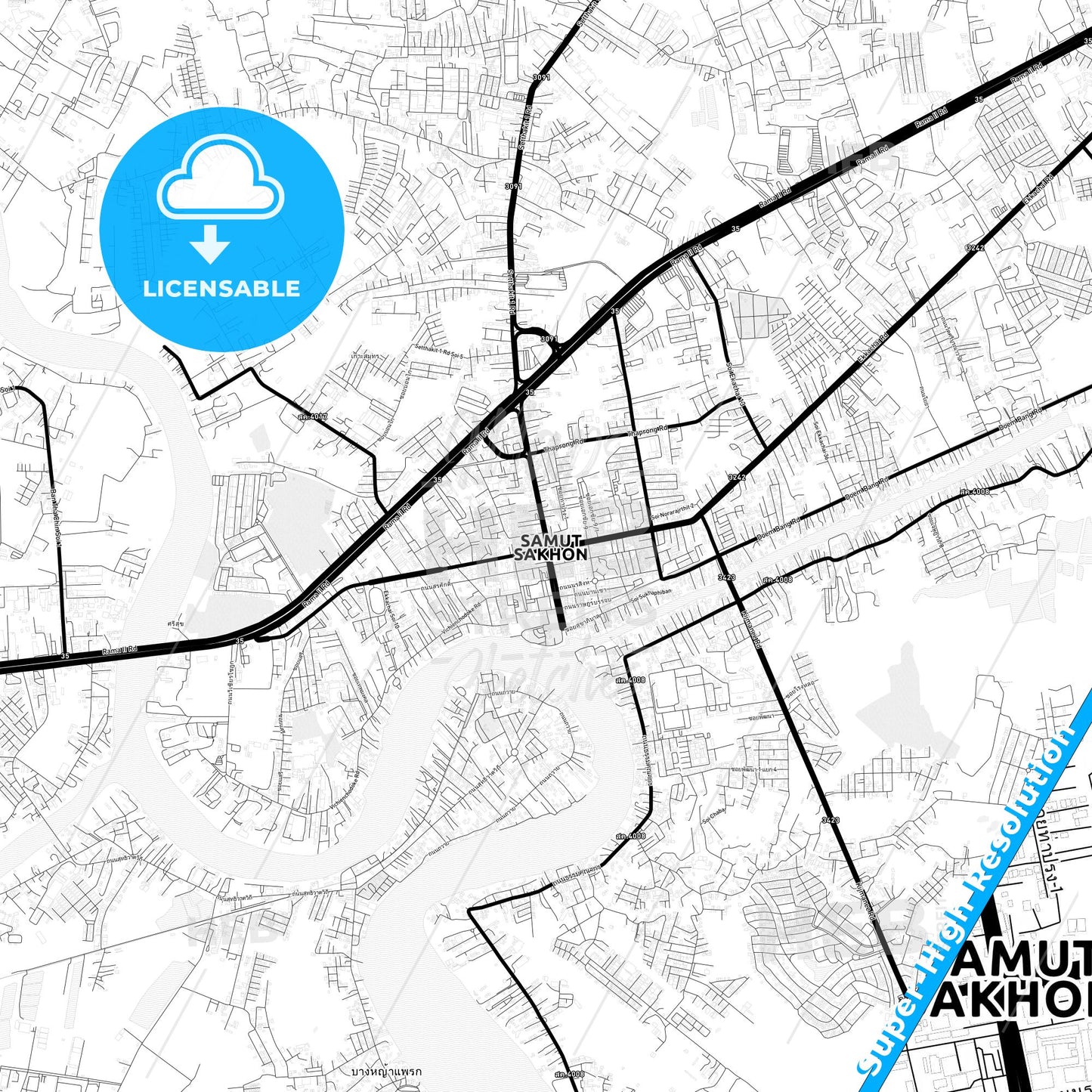 Samut Sakhon, Thailand Light Map with Street Names, City Names, and Districts