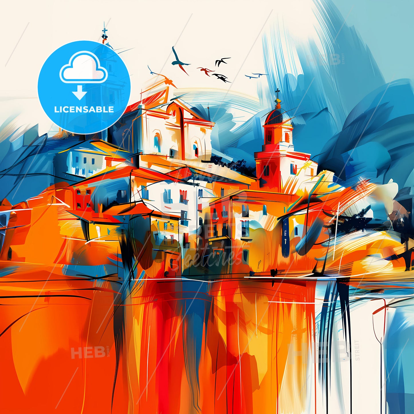 Vibrant San Blas, Spain - A Painting Of A Building With Birds Flying