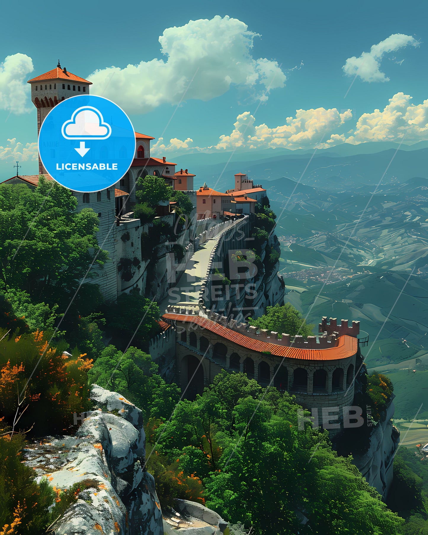 San Marino, Europe - Artistic Castle Art, Vibrant Painting, Cliff, European Landscape, Architecture, Cityscape, Colorful Scenery, Hilltop Village, Mountain Views