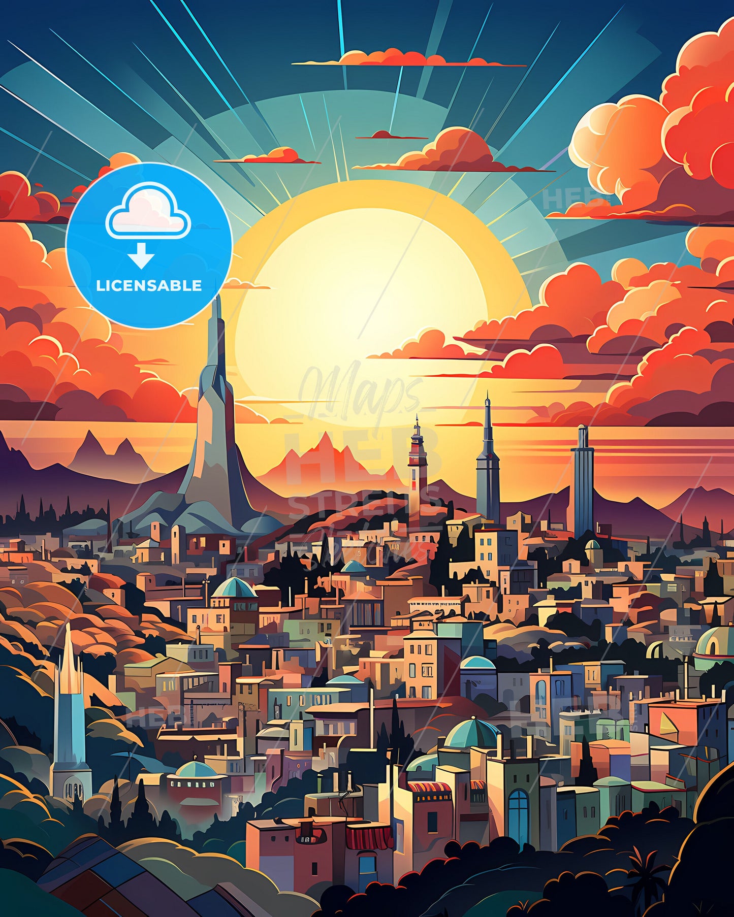 San Miguel de Tucumán Vibrant Painted Skyline with Sun Burst