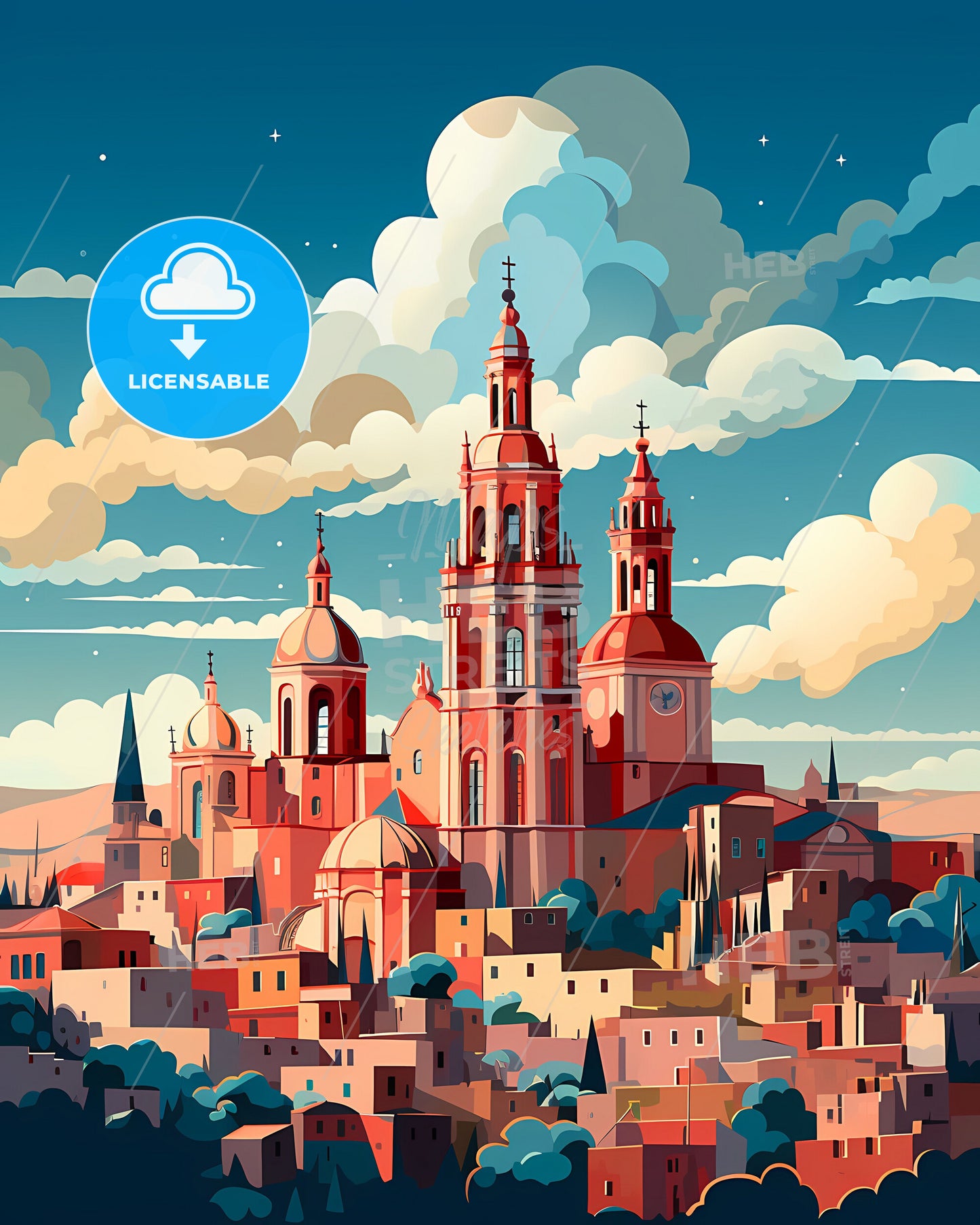 Vibrant Cityscape Artwork: Colorful Towers and City Skyline of San Miguel de Tucuman Argentina