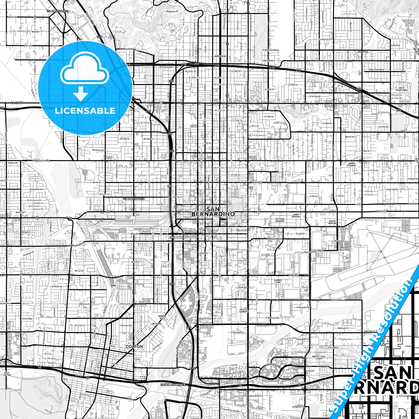 San Bernardino, California Light Map with Street Names, City Names, and Districts