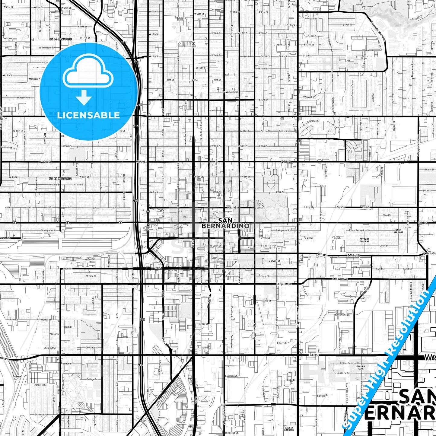 San Bernardino, California Light Map with Street Names, City Names, and Districts