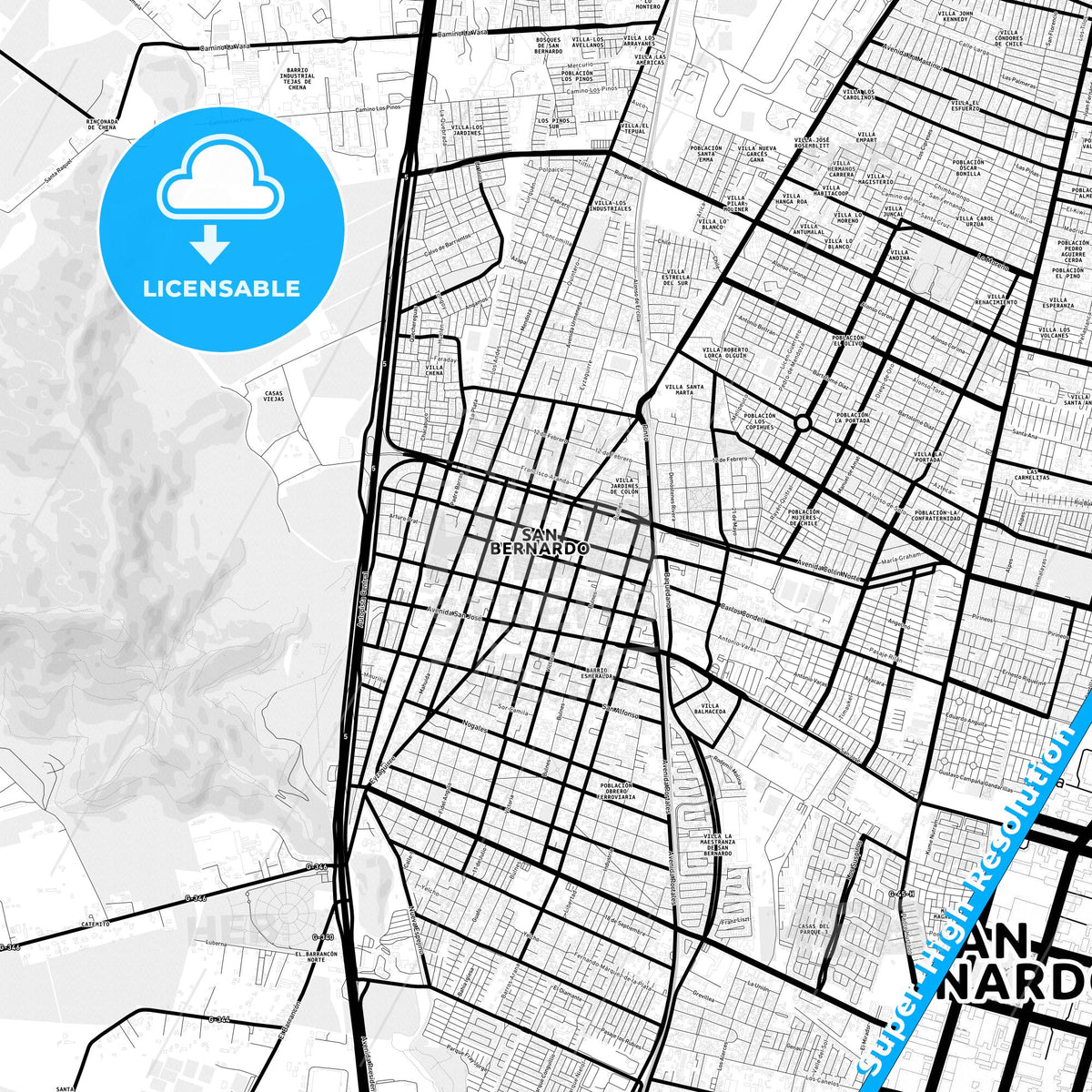 San Bernardo, Chile Light Map with Street Names, City Names, and Districts