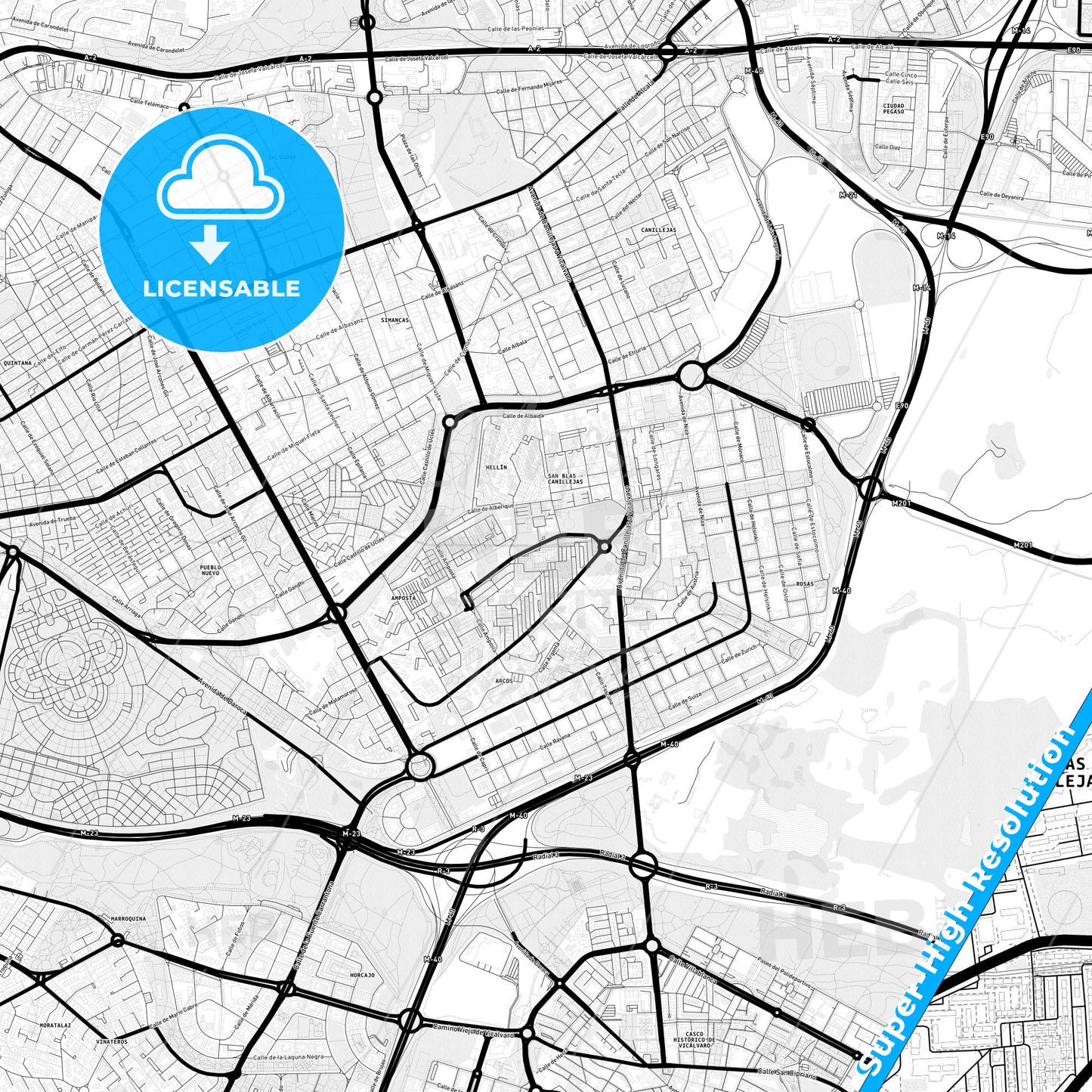 San Blas, Spain Light Map with Street Names, City Names, and Districts