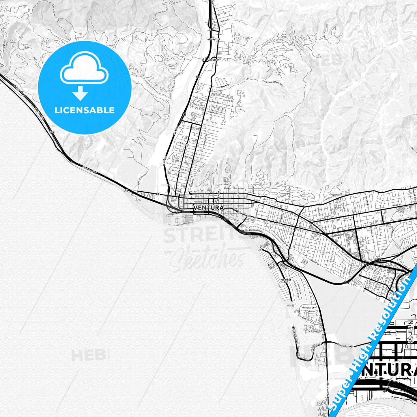 San Buenaventura, California Light Map with Street Names, City Names, and Districts