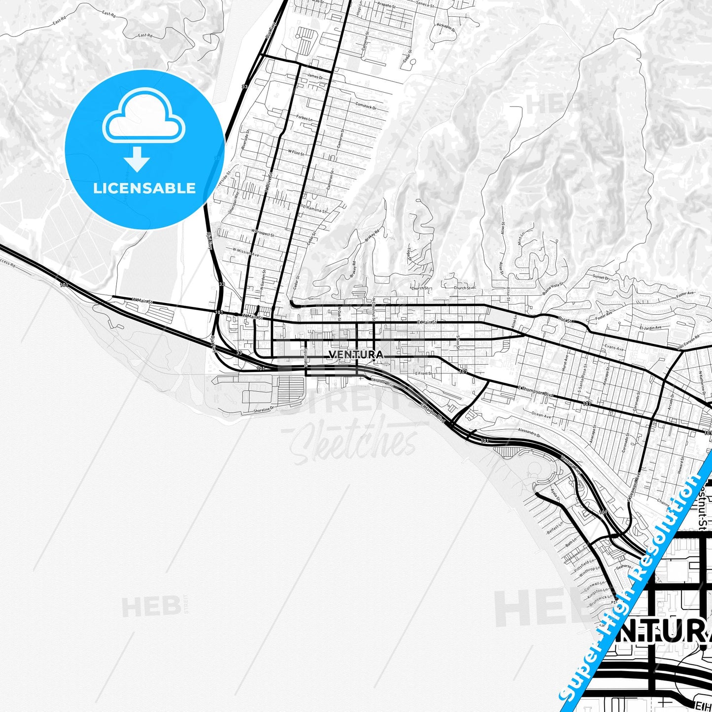 San Buenaventura, California Light Map with Street Names, City Names, and Districts