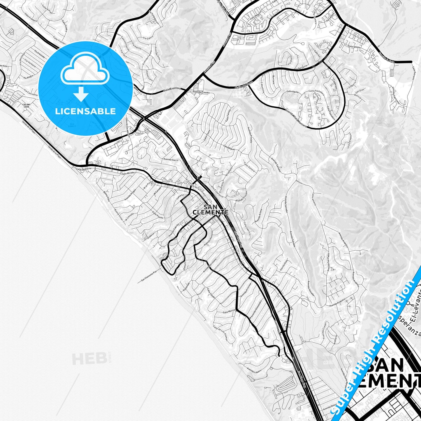 San Clemente, California Light Map with Street Names, City Names, and Districts
