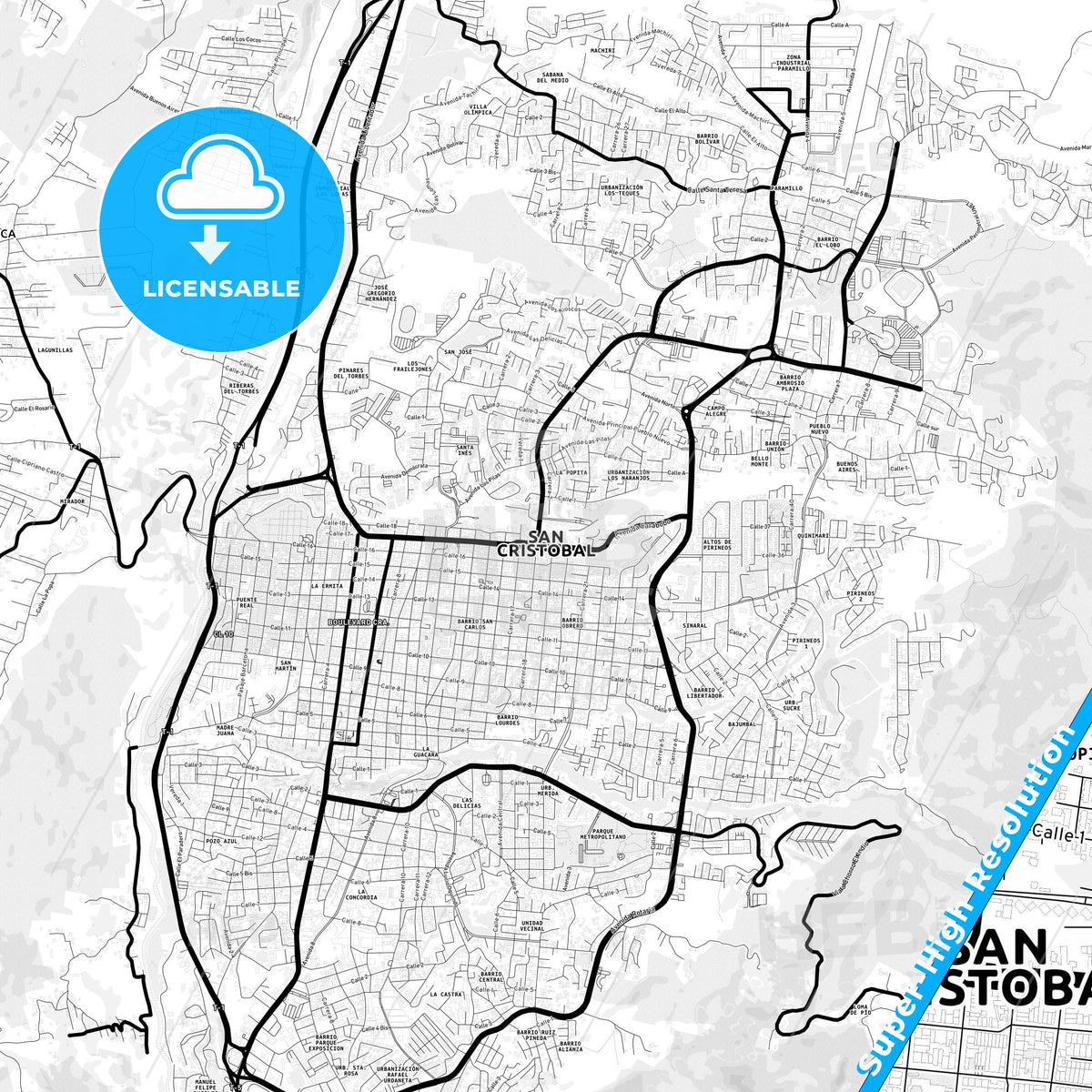 San Cristobal, Venezuela Light Map with Street Names, City Names, and Districts