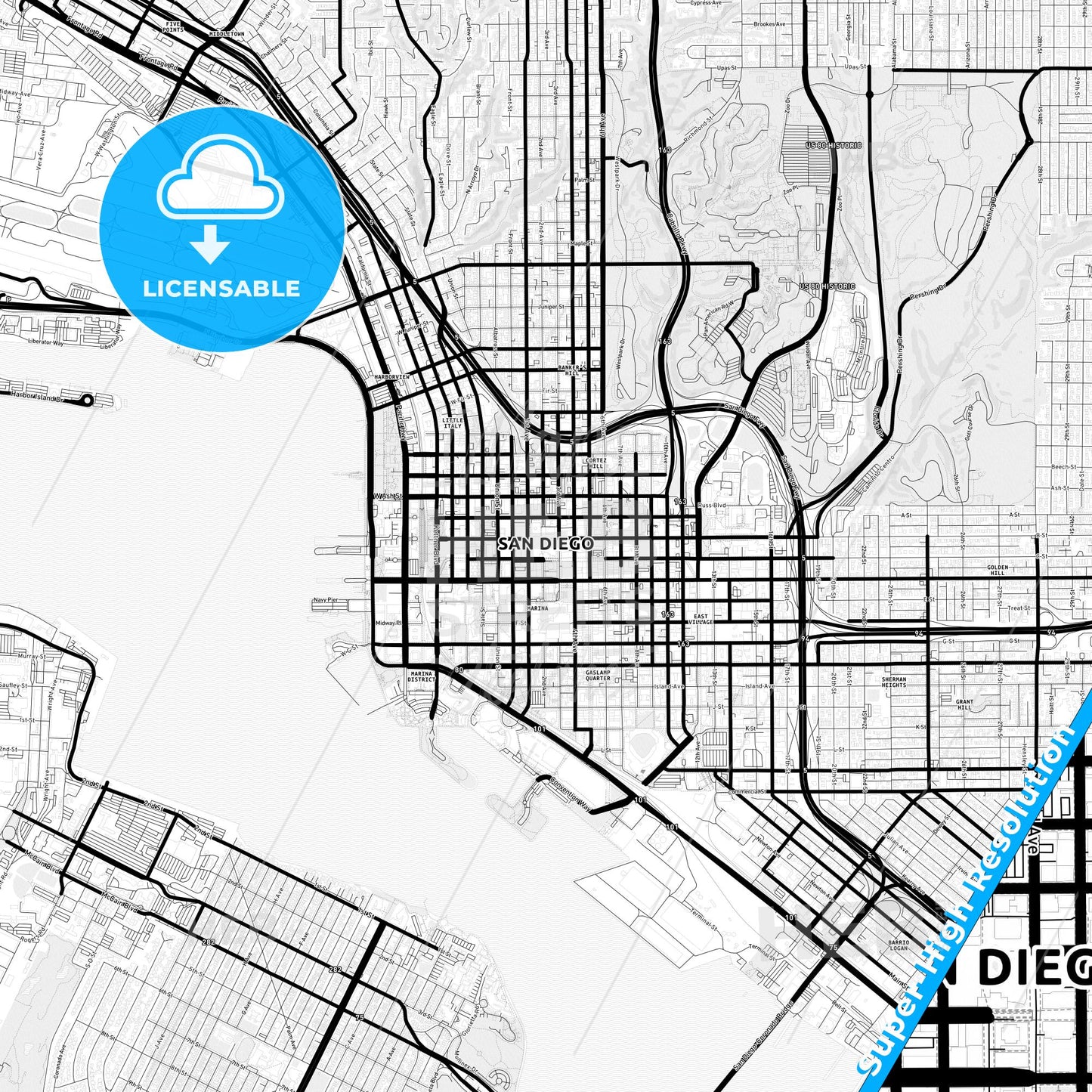 San Diego, California Light Map with Street Names, City Names, and Districts