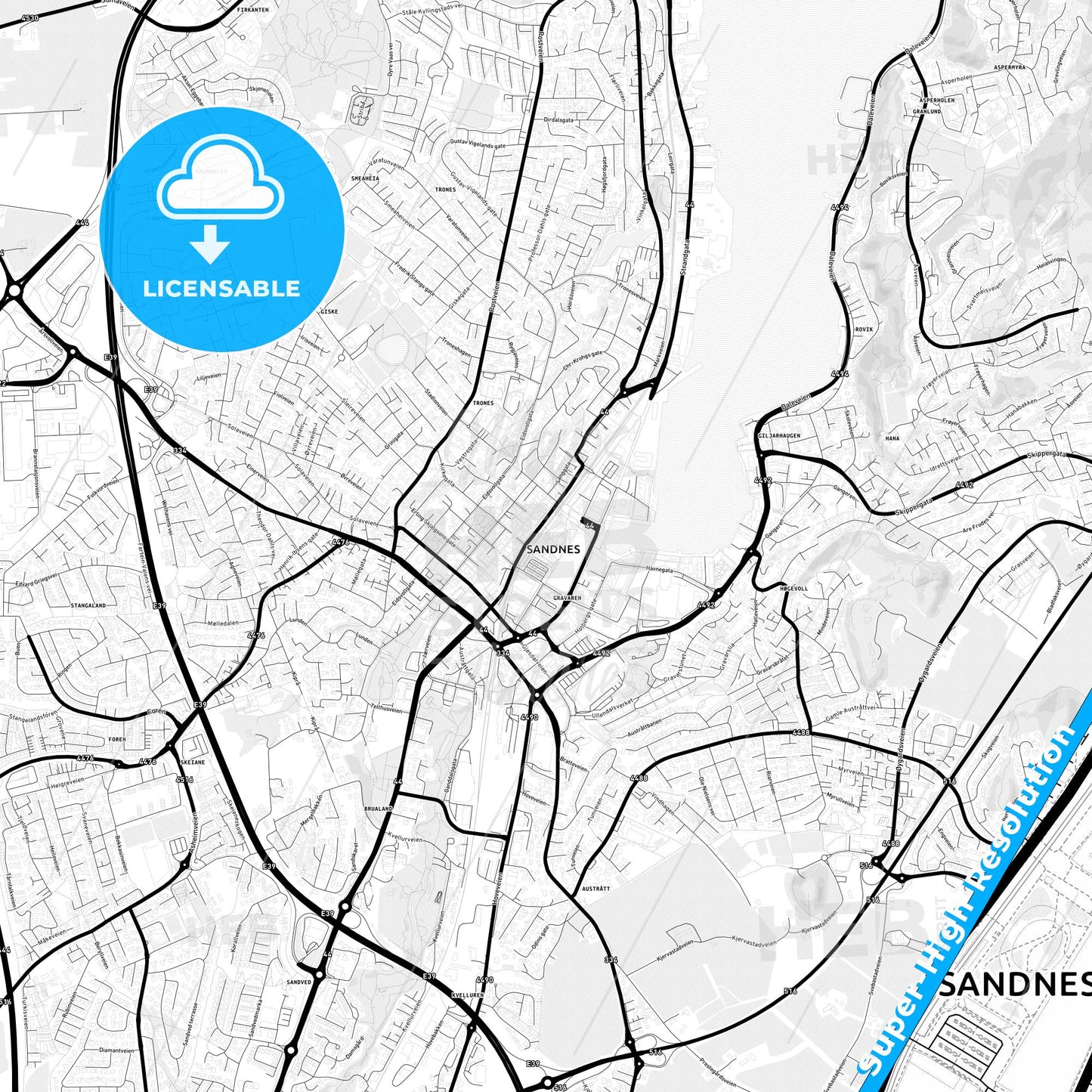 Sandnes, Norway Light Map with Street Names, City Names, and Districts