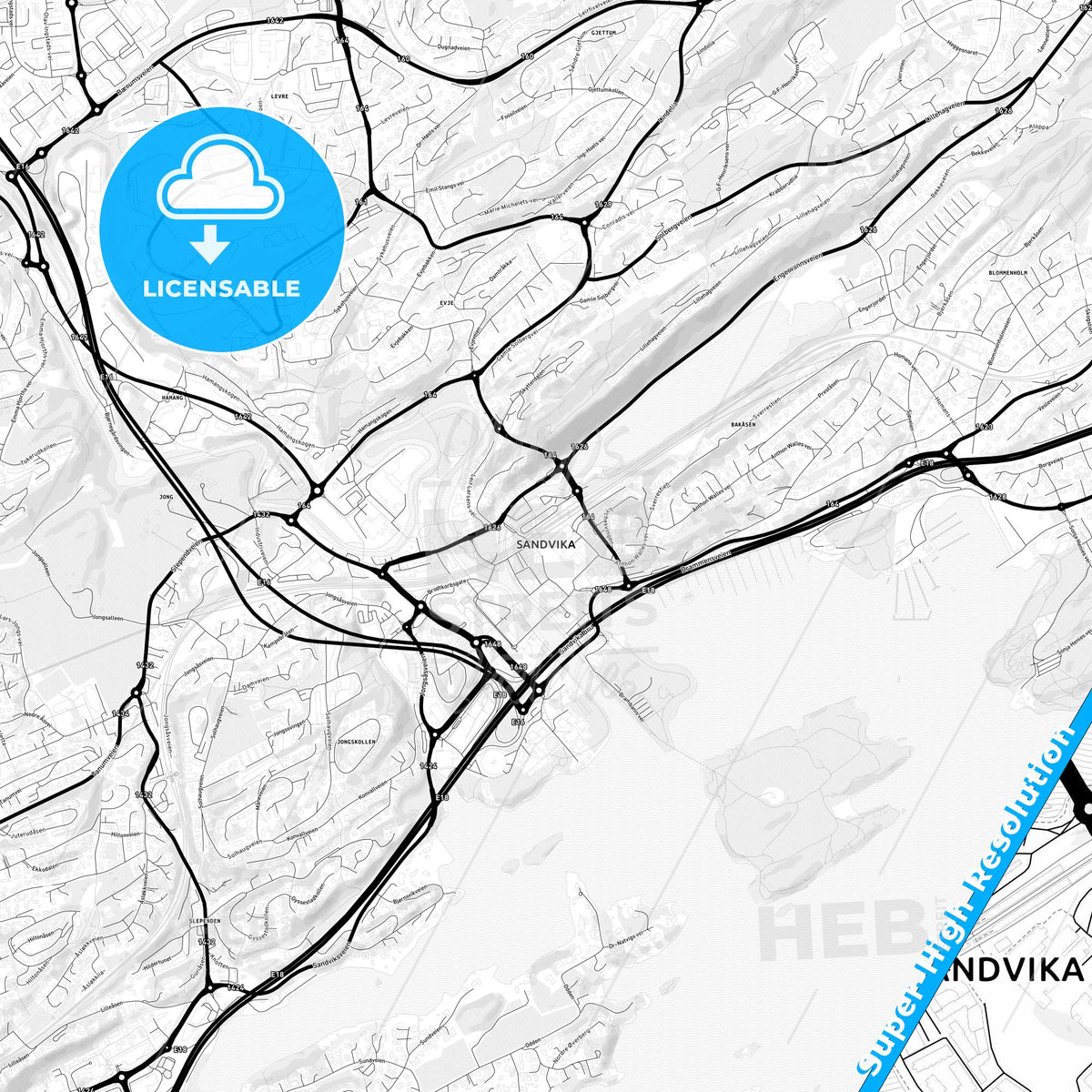 Sandvika, Norway Light Map with Street Names, City Names, and Districts