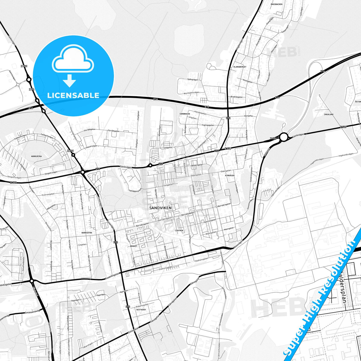Sandviken, Sweden Light Map with Street Names, City Names, and Districts