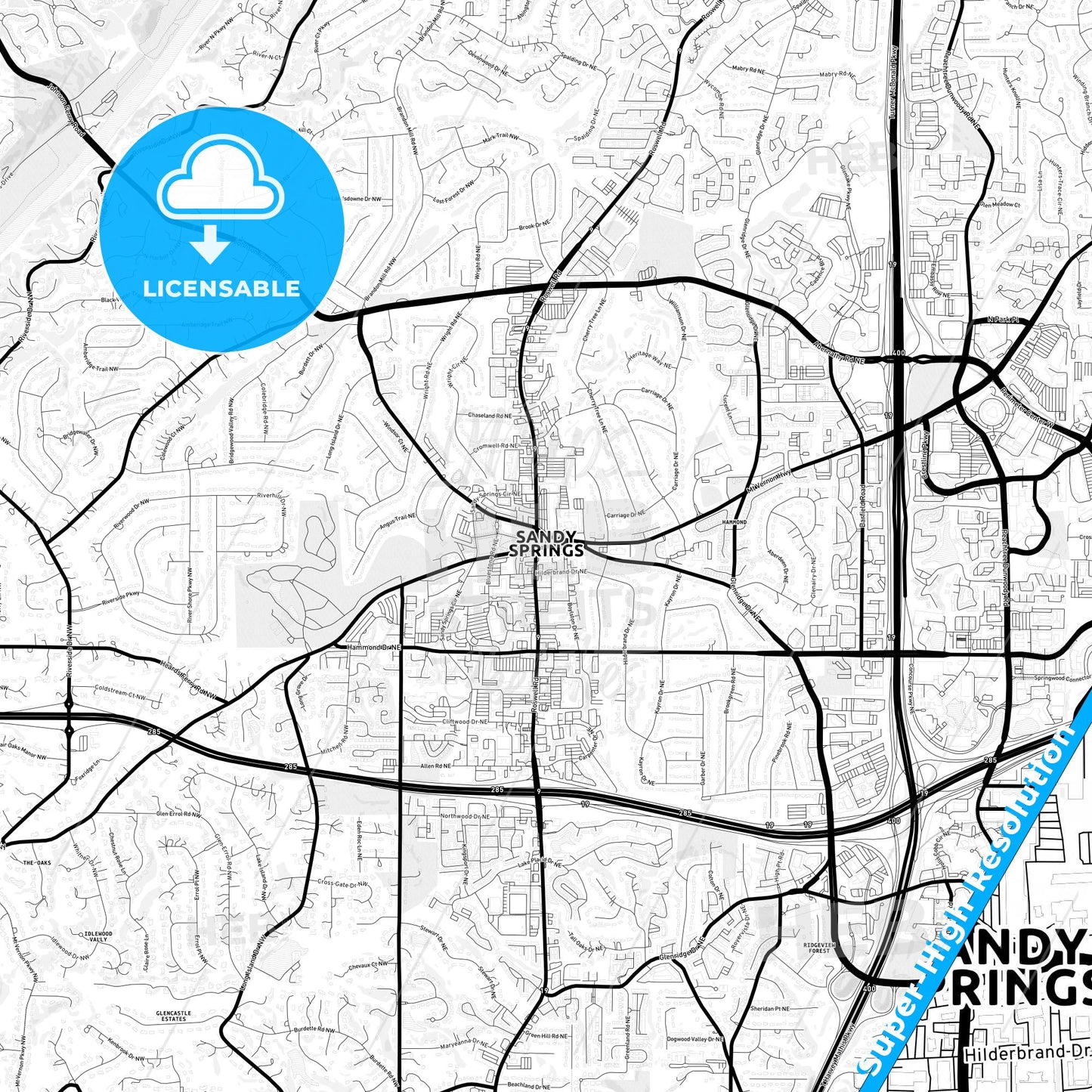 Sandy Springs, Georgia Light Map with Street Names, City Names, and Districts