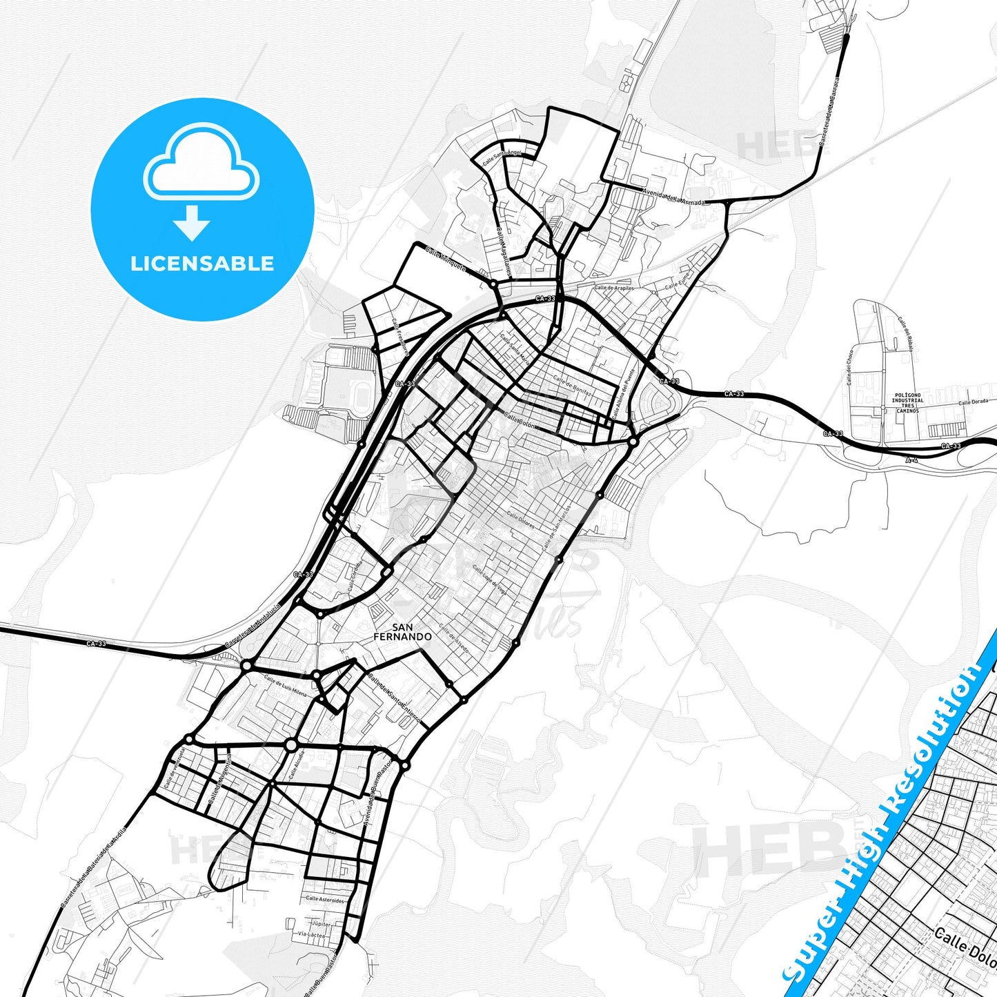 San Fernando, Spain Light Map with Street Names, City Names, and Districts