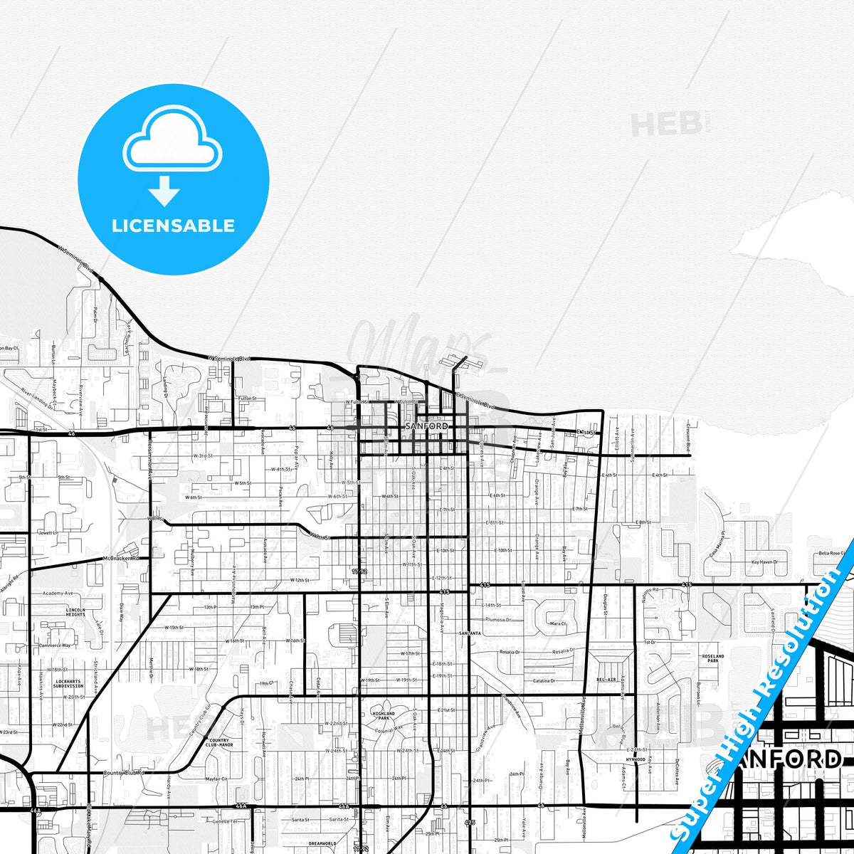 Sanford, Florida Light Map with Street Names, City Names, and Districts