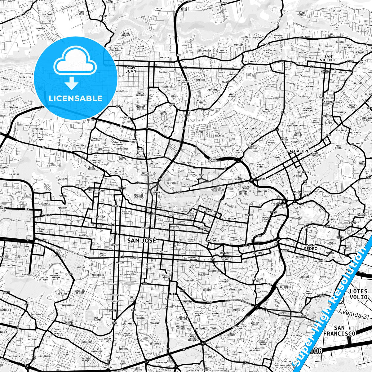 San Francisco, Costa Rica Light Map with Street Names, City Names, and Districts