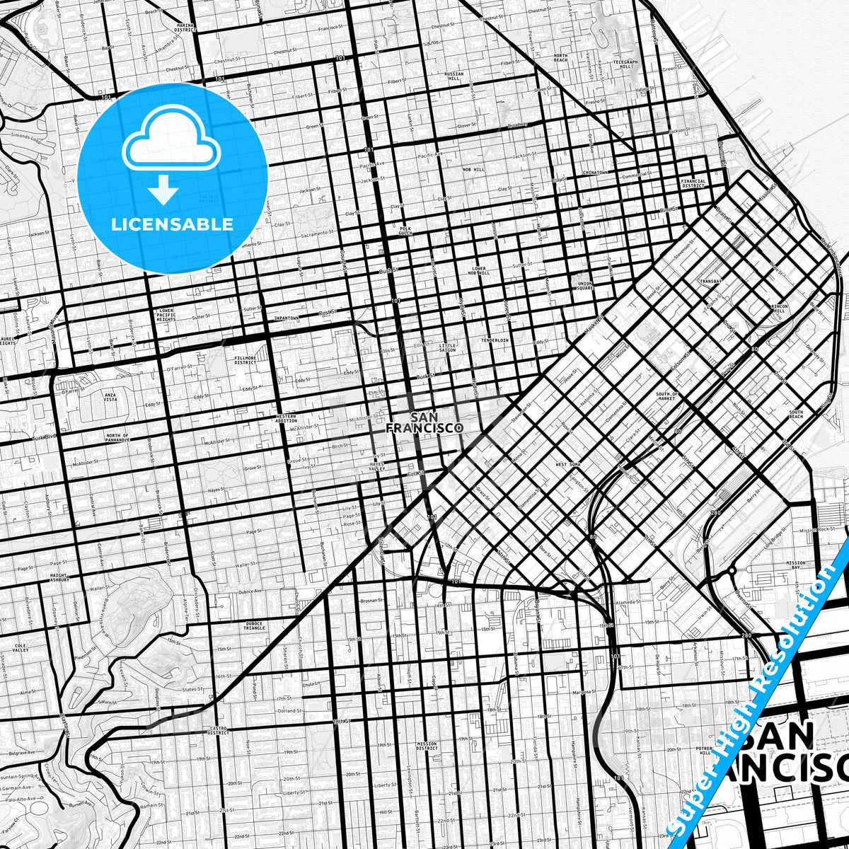 San Francisco, California Light Map with Street Names, City Names, and Districts