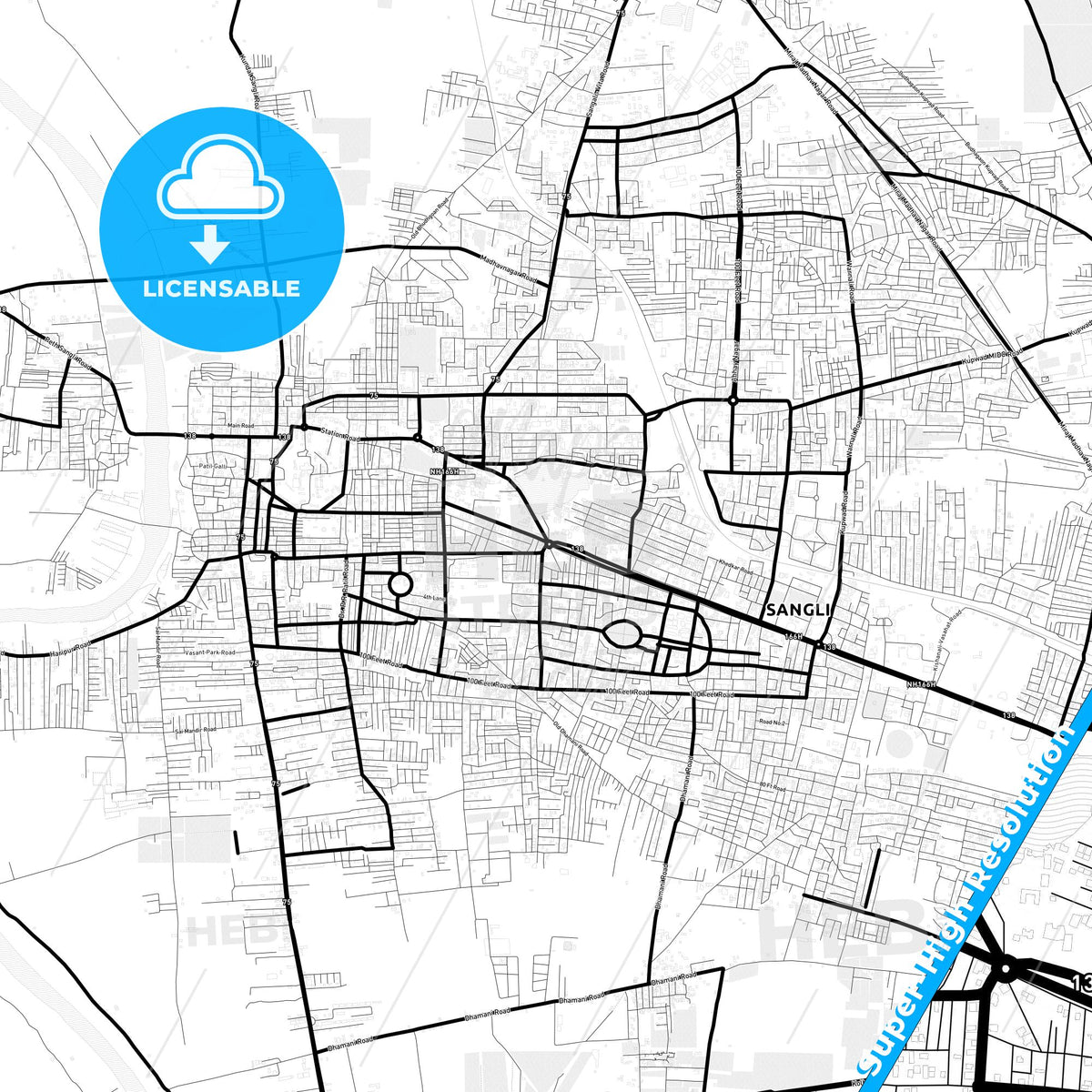 Sangli-Miraj Kupwad, India Light Map with Street Names, City Names, and Districts
